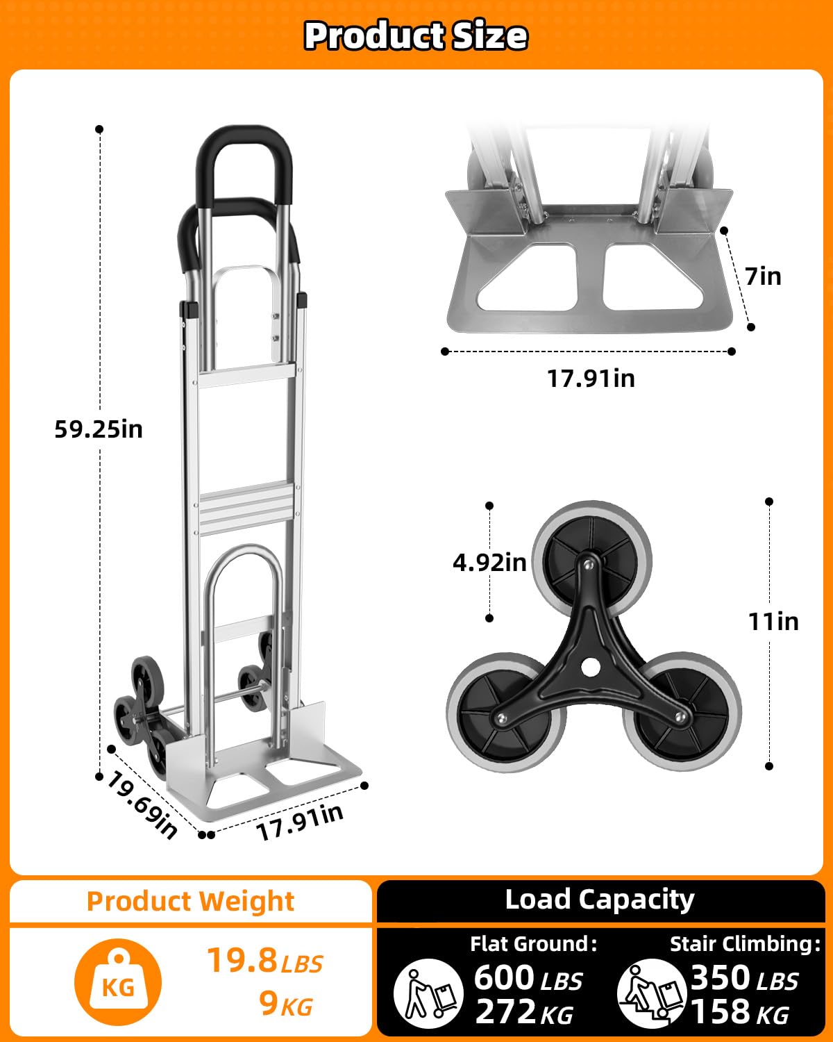 Aluminum Hand Truck Dolly - 600lb Capacity, Stair Climbing -4