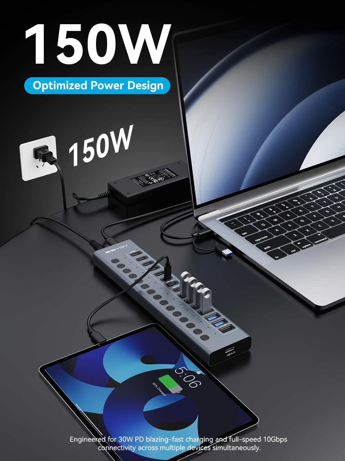 ACASIS Hub USB C alimentato, Hub USB 3.2 16 in 1 10 Gbps, 6 USB-A 3.2 + 2 USB-A 2.0+ 8 porte USB-C 3.2, Dual USB-C PD 30W, adattatore da 150 W, cavo da 3,3 m, hub USB in alluminio per PC, laptop, Mac