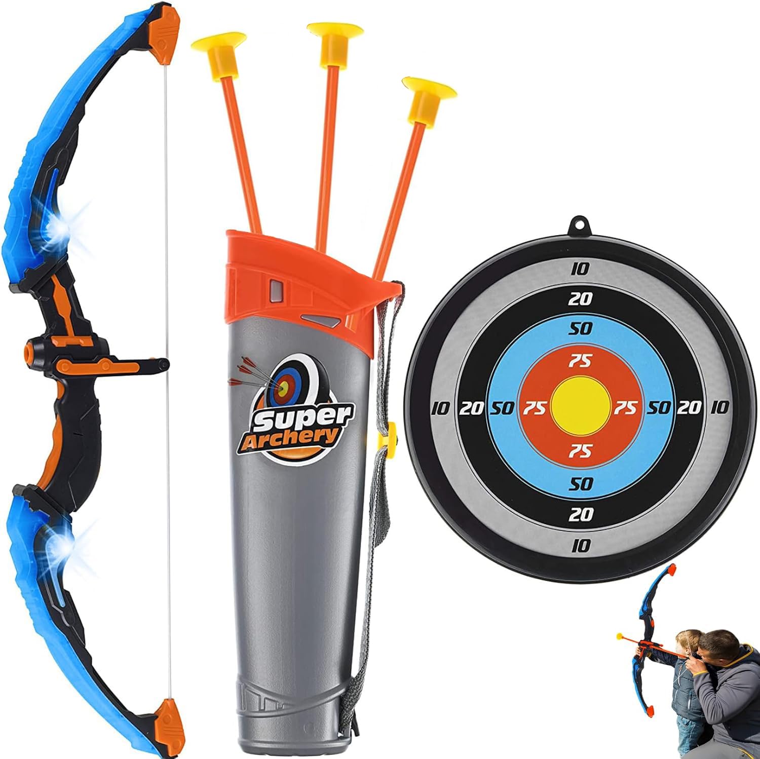 Lipsa Toys Bow and Arrow Archery Set for Kids with LED Lights | Safe & Durable Toys for Ages 5-13 | Outdoor & Indoor Activity Toy for Boys & Girls |3 Suction Cup Arrows, Target Board & Quiver