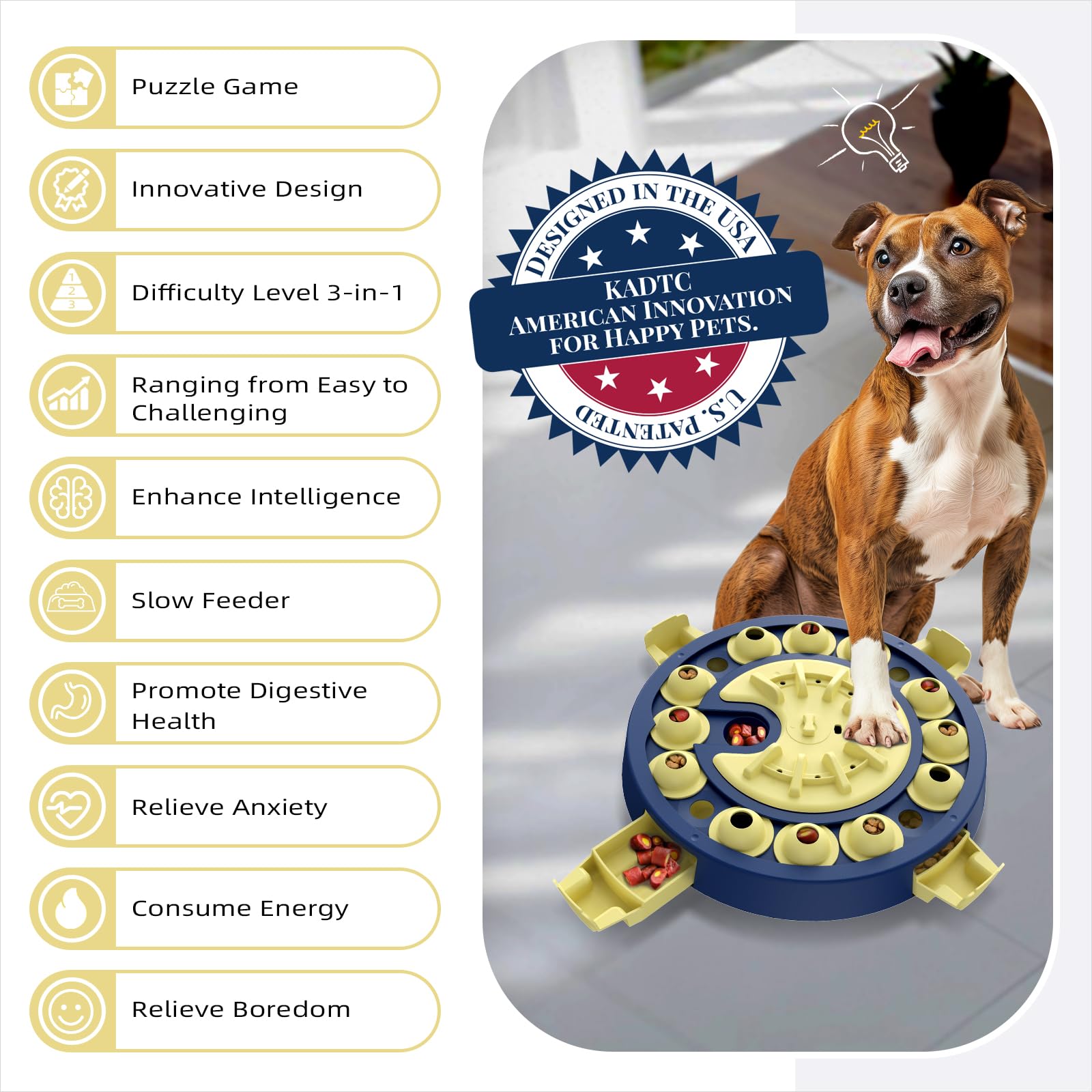 KADTC Jouet puzzle pour chien, marque et design américains, grande taille, 3 niveaux de défi étape par étape, 4 façons de jouer, débutant à avancé, anti-ennui pour chiens intelligents, stimulation