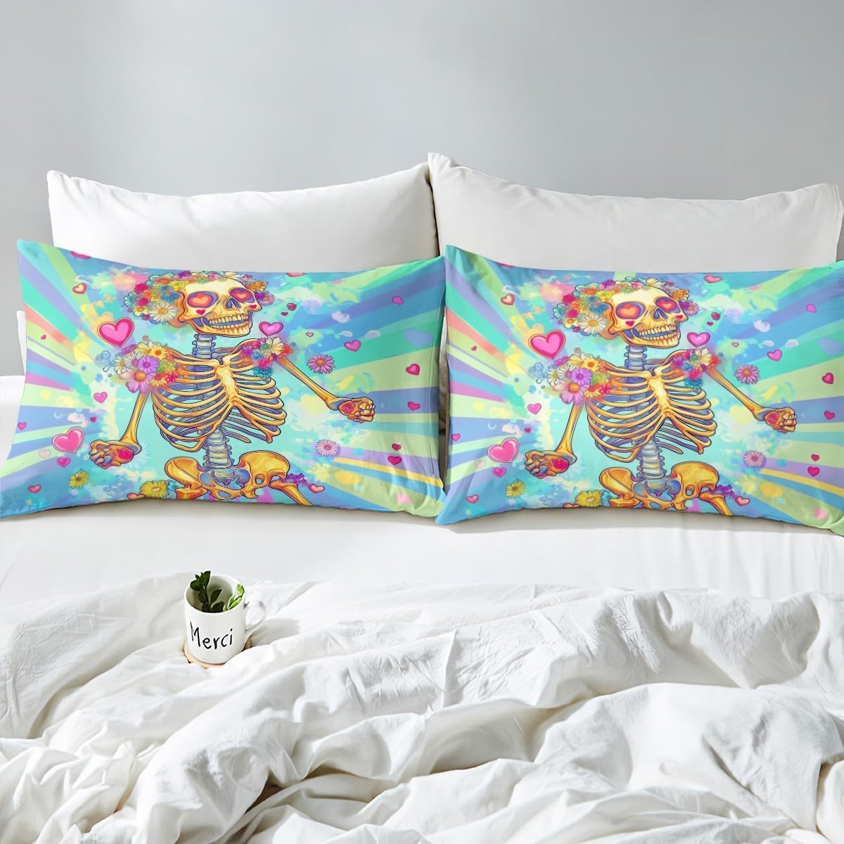 Trippy Skeleton Duvet Cover Set Toddler Size Funny Sugar Skull Comforter Cover Romantic Love Heart Flower Bedding Set 2pcs for Kids Neon Colorful Stripes Bedspread Cover,Comforter Not Included