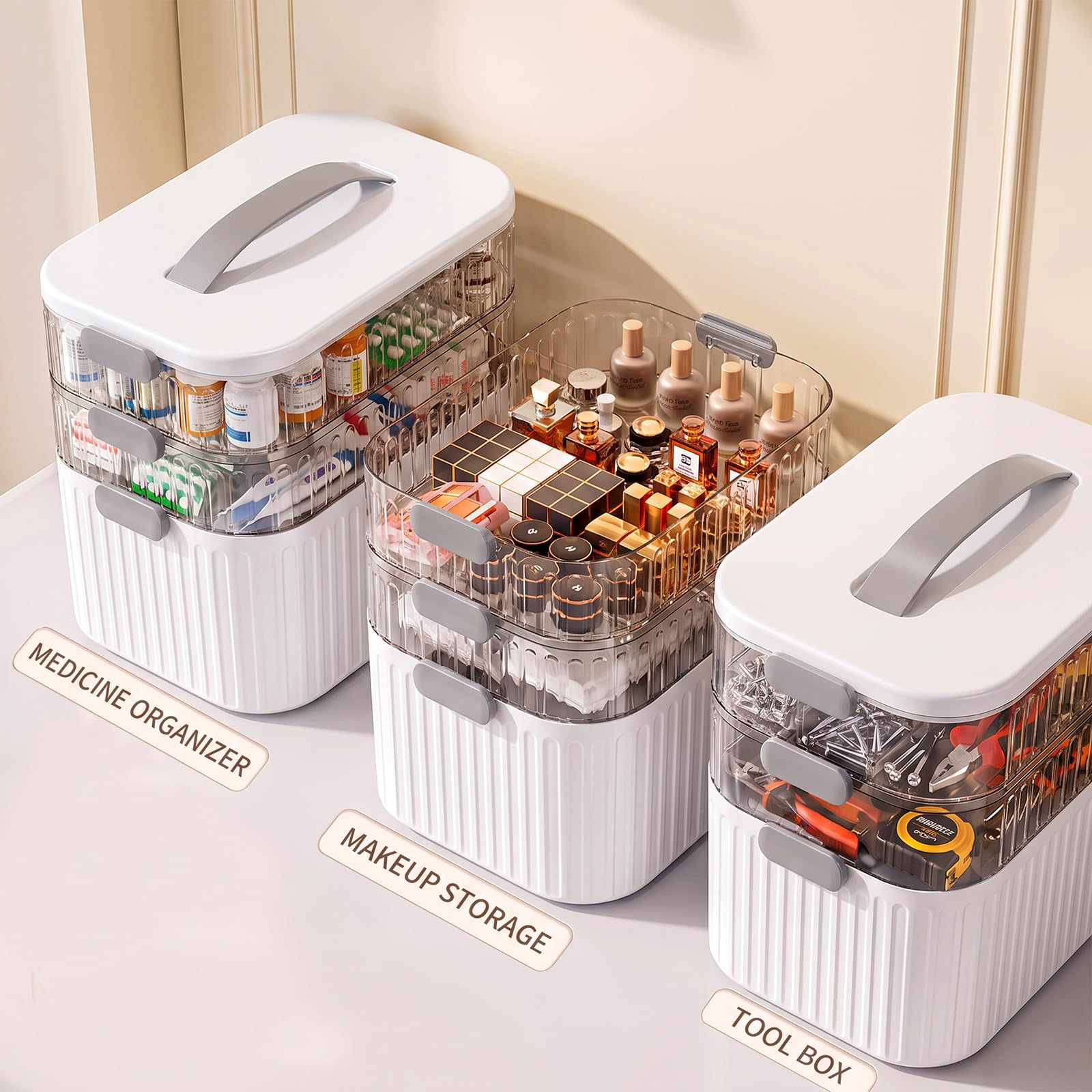 Scatola portaoggetti per medicinali, organizer multiuso a 3 strati, con maniglia portatile e chiusura a fibbia di sicurezza, grande organizer per primo soccorso da scrivania, per dispensa, casa