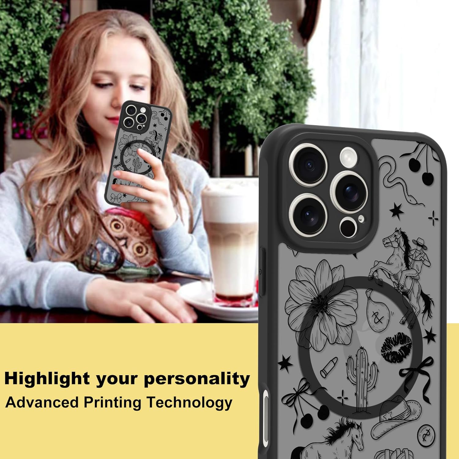 MOWIME Magnetic for iPhone 16 Pro Max case [Compatible with MagSafe] Cute Western Cowboy Floral Translucent Matte Hard Back Shockproof Anti-Scratch Phone Case-Black - Image 6