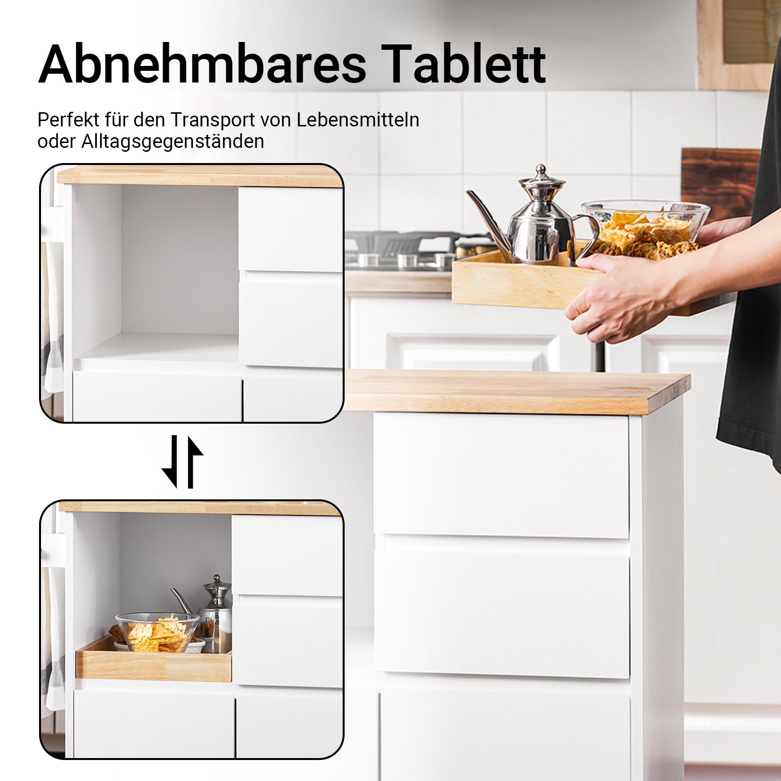 SoBuy Küchenwagen mit Arbeitsplatte Servierwagen mit Rollen Rollwagen Küche Kücheninsel Kücheninsel Küchenschrank Für Küche, Wohnzimmer, Esszimmer Weiß BHT ca. 72x84x40cm FKW123-WN