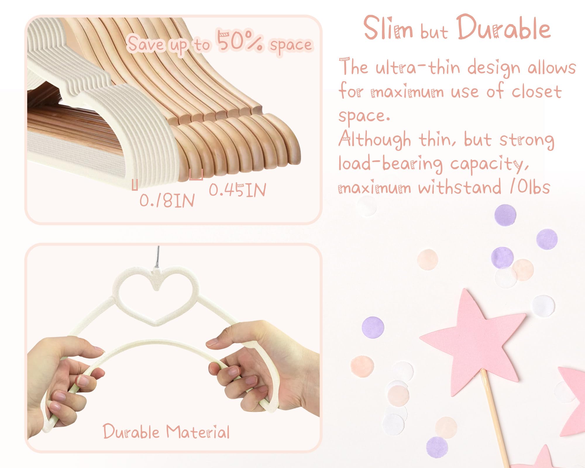 Perchas de terciopelo beige con forma de corazón para bebé, paquete de 50 perchas para niños pequeños de 13 pulgadas con 20 clips, ultra delgadas y apilables para ahorrar espacio
