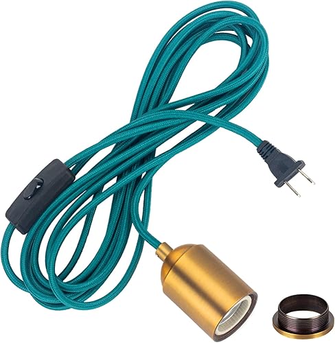 Lámpara colgante con cable de enchufe, lámpara colgante con enchufe, enchufe de tela verde azulado, cubierta con interruptor, cables de iluminación