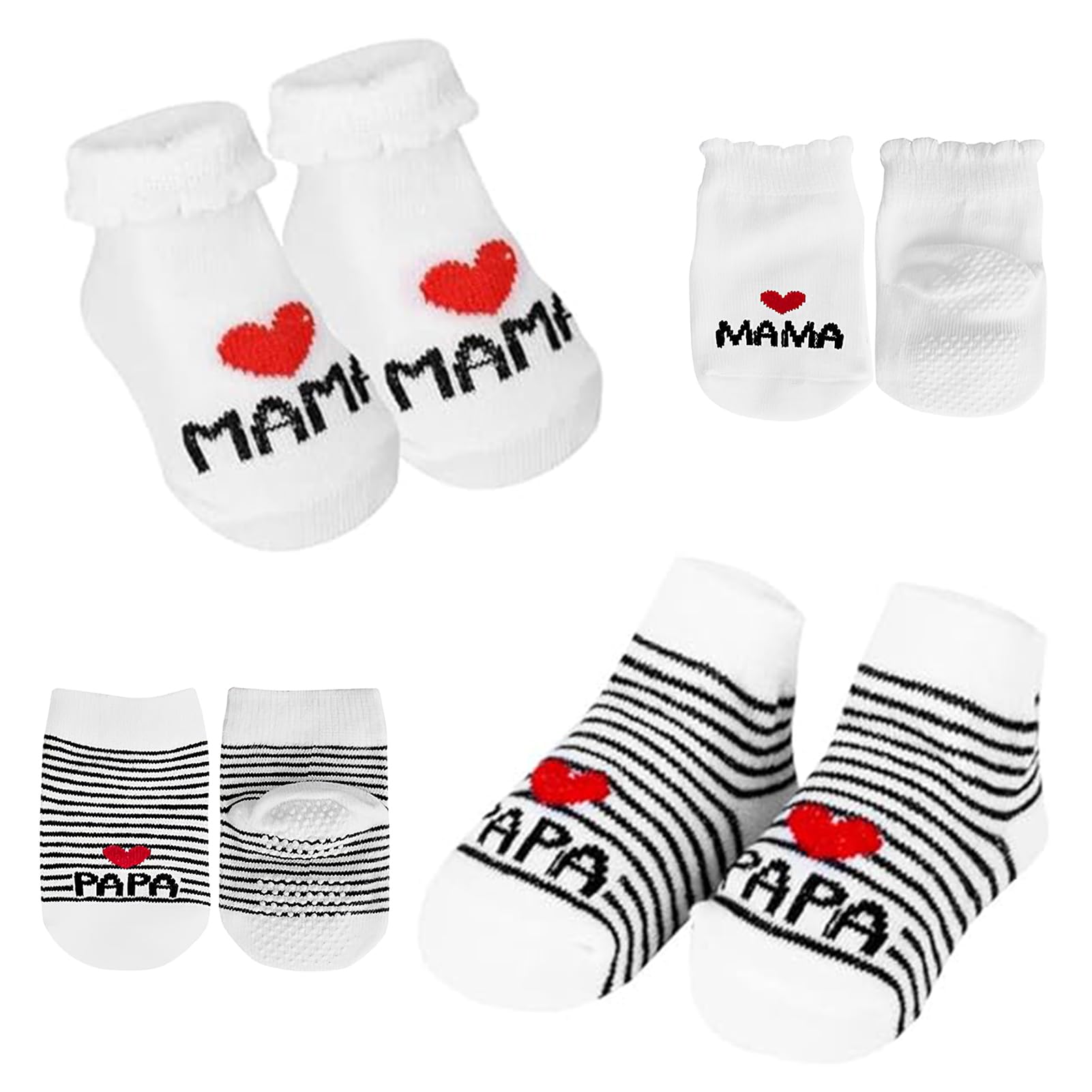 Baby Socken 0-6 Monate, 2 Paar Baumwolle Anti Rutsch Socken, "Ich Liebe Mama + Ich Liebe Papa" Muster, Ideal für Neugeborene