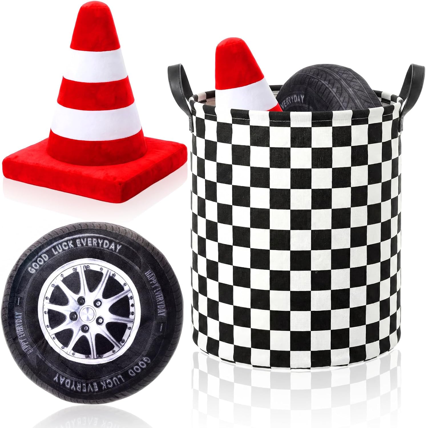 Lewtemi 3 Pcs 3D Wheel Pillow Simulation 15.7" Cars Tire Traffic Cone Plush Cushions Racing Themed Room Decor with Storage Laundry Basket Creative Toy Gift for Birthday Party Bedroom Decoration