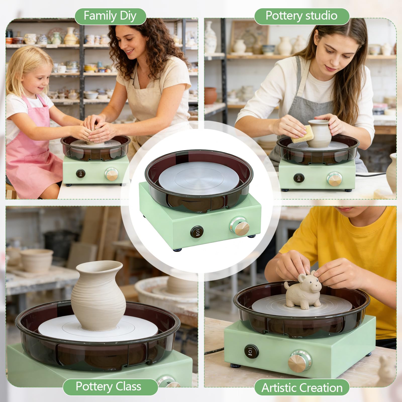 Mini Torno de Alfarero con Plato Giratorio Doble Cara de 15 cm, Estructura Metálica, Protector Antisalpicaduras Extraíble y Juego de Herramientas, Máquina de Cerámica para Niños y Adultos