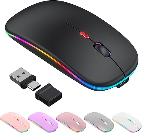 Mouse inalámbrico Bluetooth para MacBook Air Mac Pro iPad, mouse silencioso recargable LED con receptor USB-AUSB-C de 2.4 GHz y mouse jiggler,