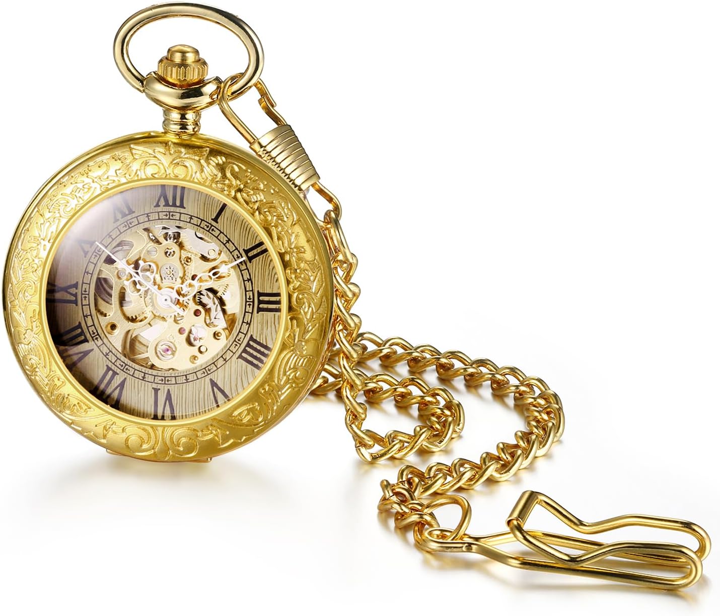 JewelryWe Gold Mechanical Pocket Watch: Men Women Retro Analog Hand Mechanical Glass Carved Pocket Watch