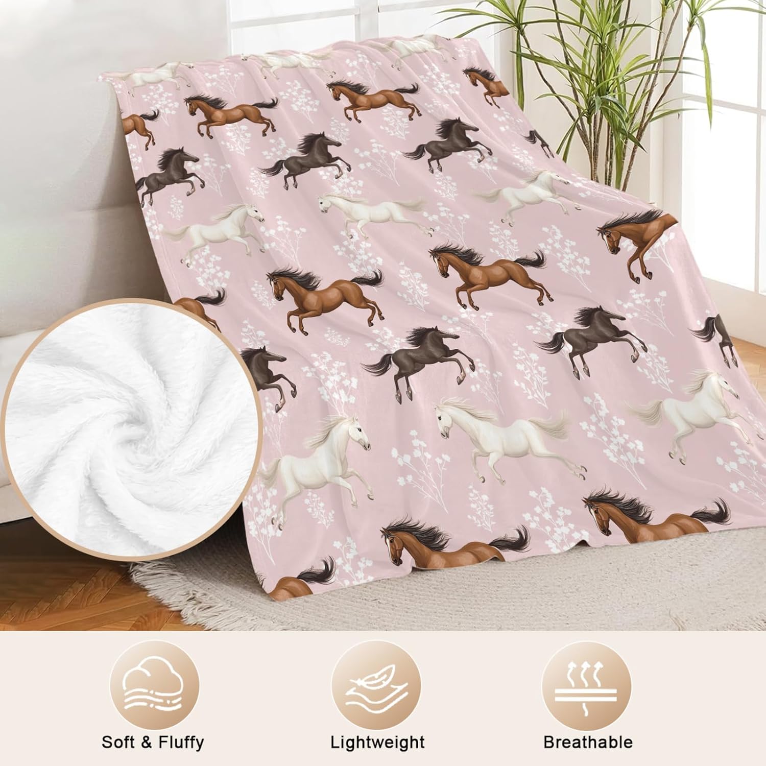 Horse Throw Blanket for Girls Boys Ultra Soft Horses Flowers Flannel Blanket Lightweight Cozy Stuff Blankets Gift for Women Men Couch Sofa Bed 50" x 40" - Image 4