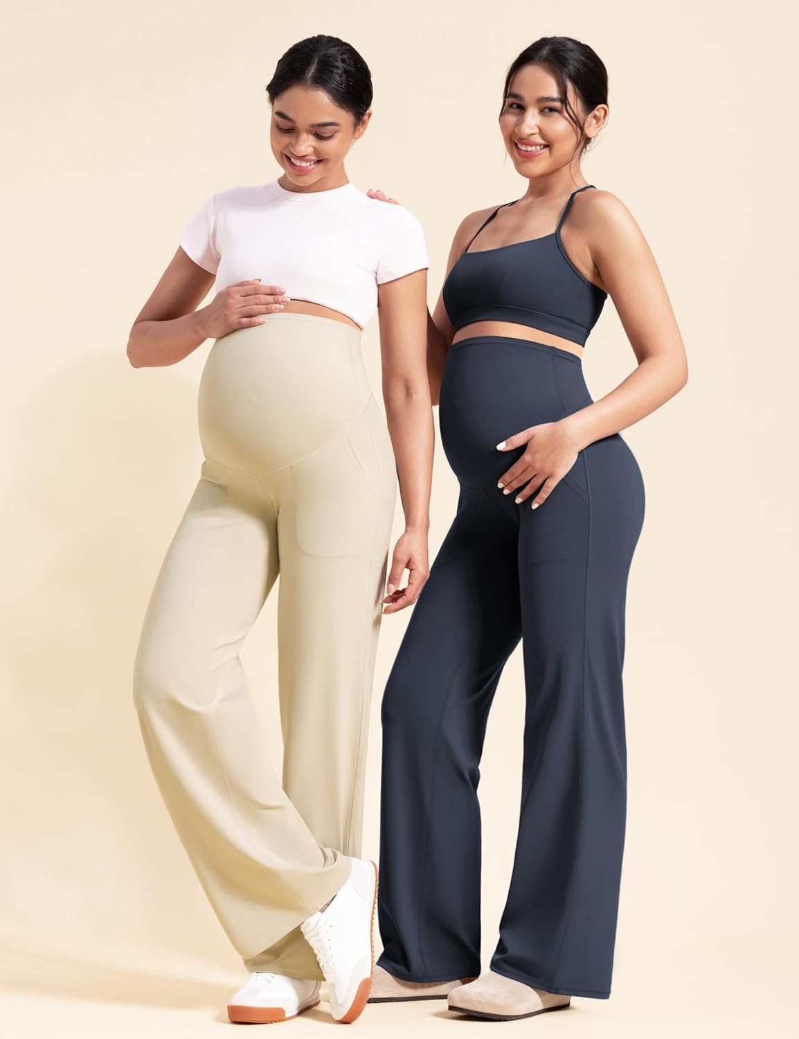 POSHDIVAH Women's Creamluxe Maternity Yoga Wide Leg Pants Petite/Regular/Tall Pregnancy Work Dress Sweatpants with Pockets - Image 3