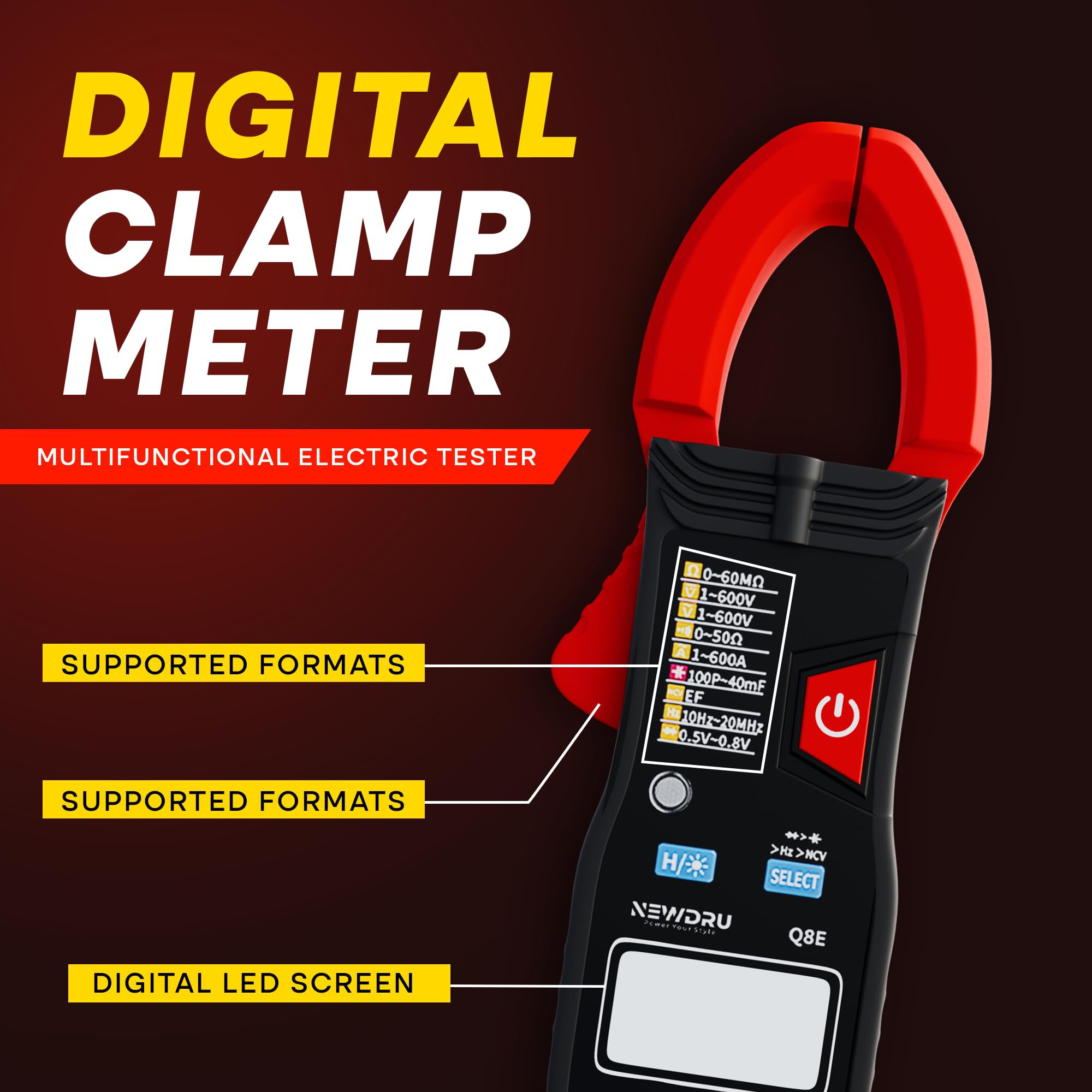 NEWDRU VoltGuard Pro Digital Clamp Meter | 6000 Counts Multimeter with Non-Contact Testing | Measures AC/DC Voltage, Current, Resistance, Capacitance & Frequency | High Accuracy & Multi-Use - Image 2 thumbnail