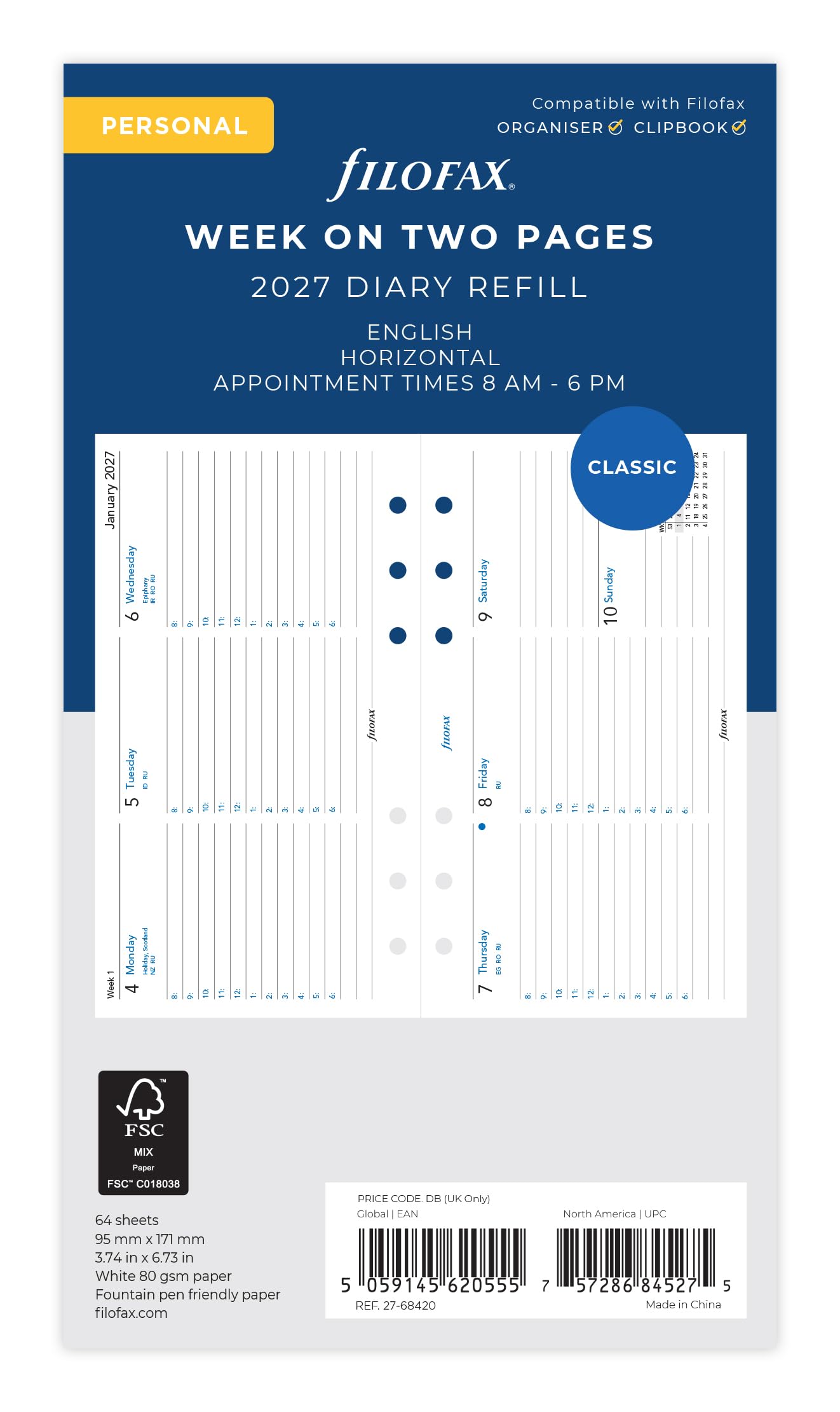 Filofax Personal Horizontal Week on two pages with appointments 2027 diary 27-68420
