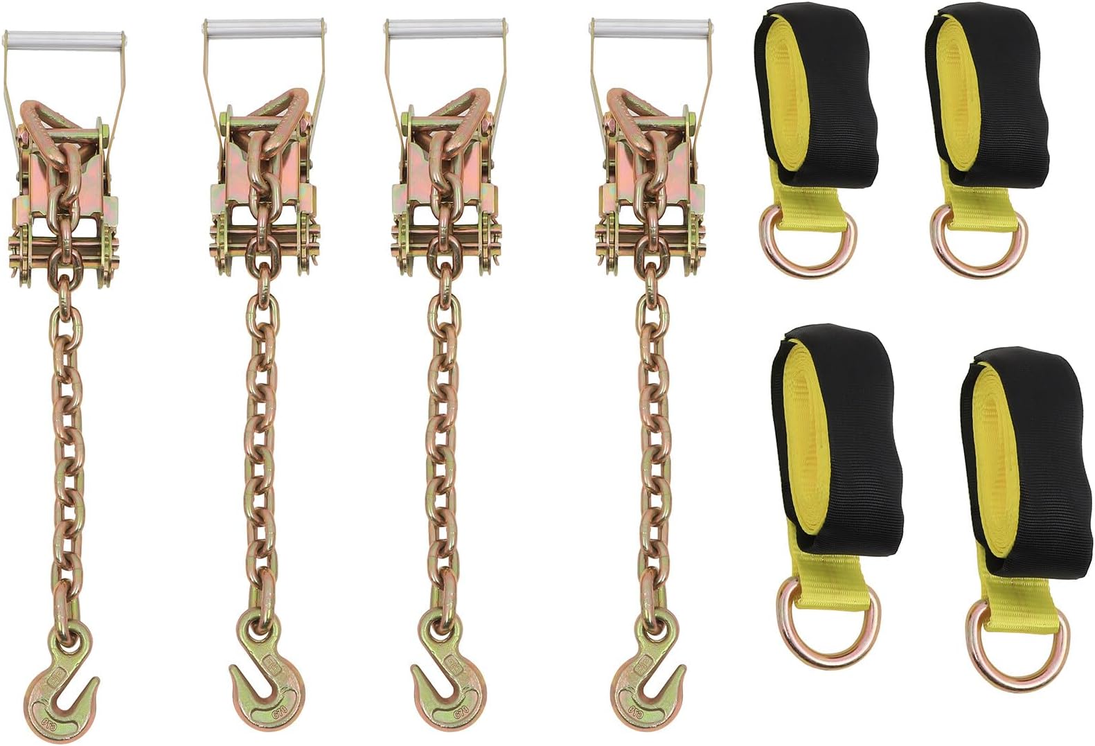 ANPART High Performance (4 Pk) Auto Hauler Car Flatbed Tie Down Kit Lasso Wheel Ratchet Straps w/Chain