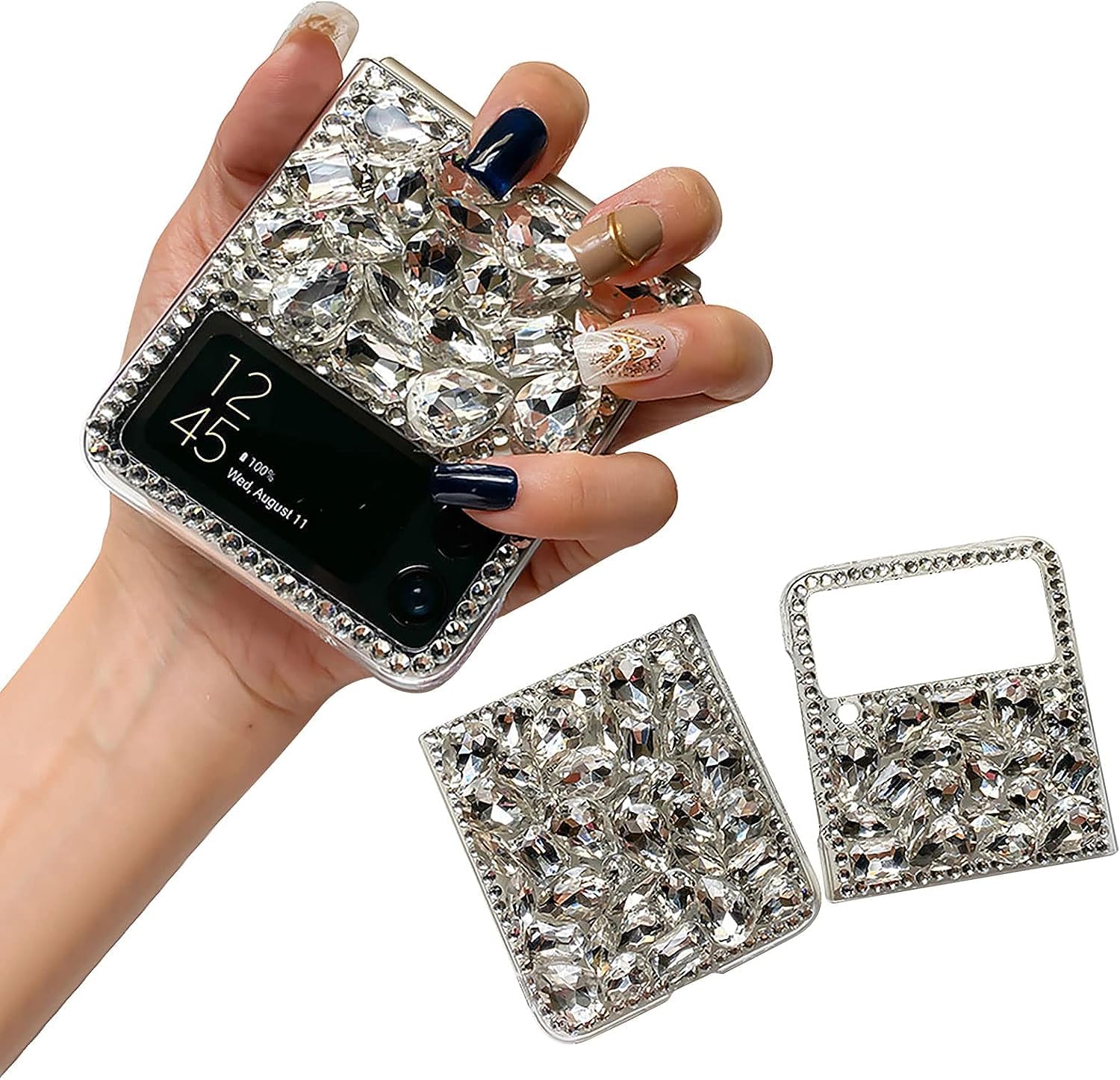 Glitter Case Compatible with Samsung Galaxy Z Flip 3 5G 2021, Sparkling Crystal White/Pink 3D Handcrafted Full Diamond Rhinestone Stunning Gemstone Glitter Samsung Z Flip 3 Girls Case (White)