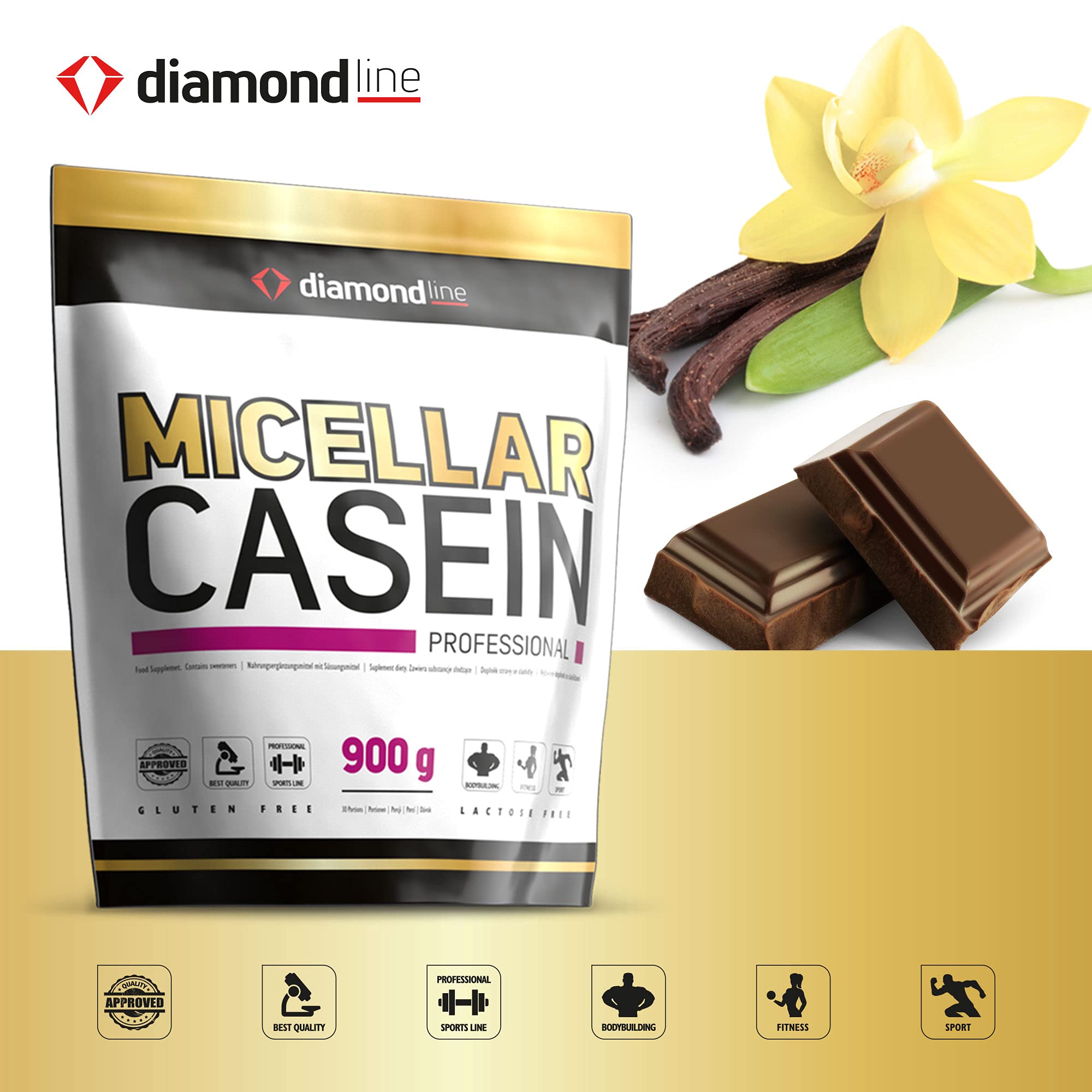 Micellar Casein Proteinpulver 900g Vanille - Cremiger Eiweißshake & Casein Pulver - Langsam verdaulich für Muskelaufbau, Diät & Regeneration - diamond line