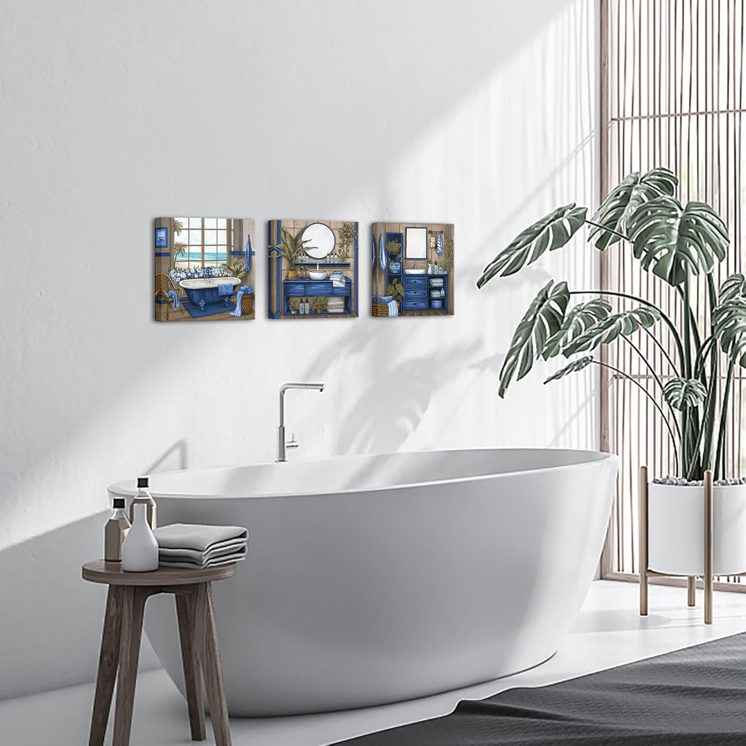 Conipit Bathroom Pictures Wall Decor Bathroom Accessories Paintings Bathtub Canvas Wall Art Framed For Room Decor 12''x12''x3pcs (royal blue)