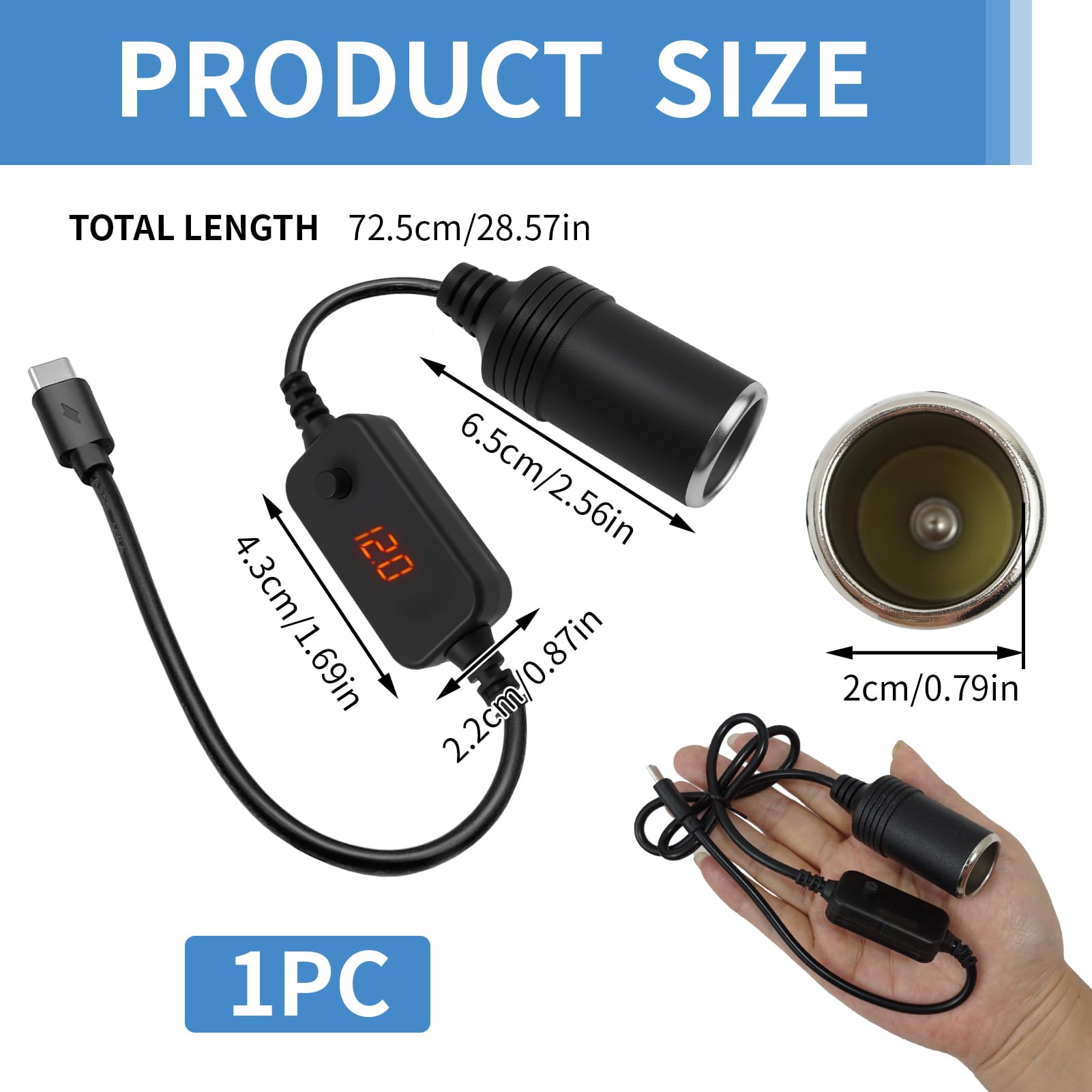 Spina USB C su presa accendisigari da 12 V, cavo adattatore con display voltmetro, tensione regolabile 5 V/9 V/12 V, protezione da cortocircuito e sovracorrente, adatto per GPS Dash Cam