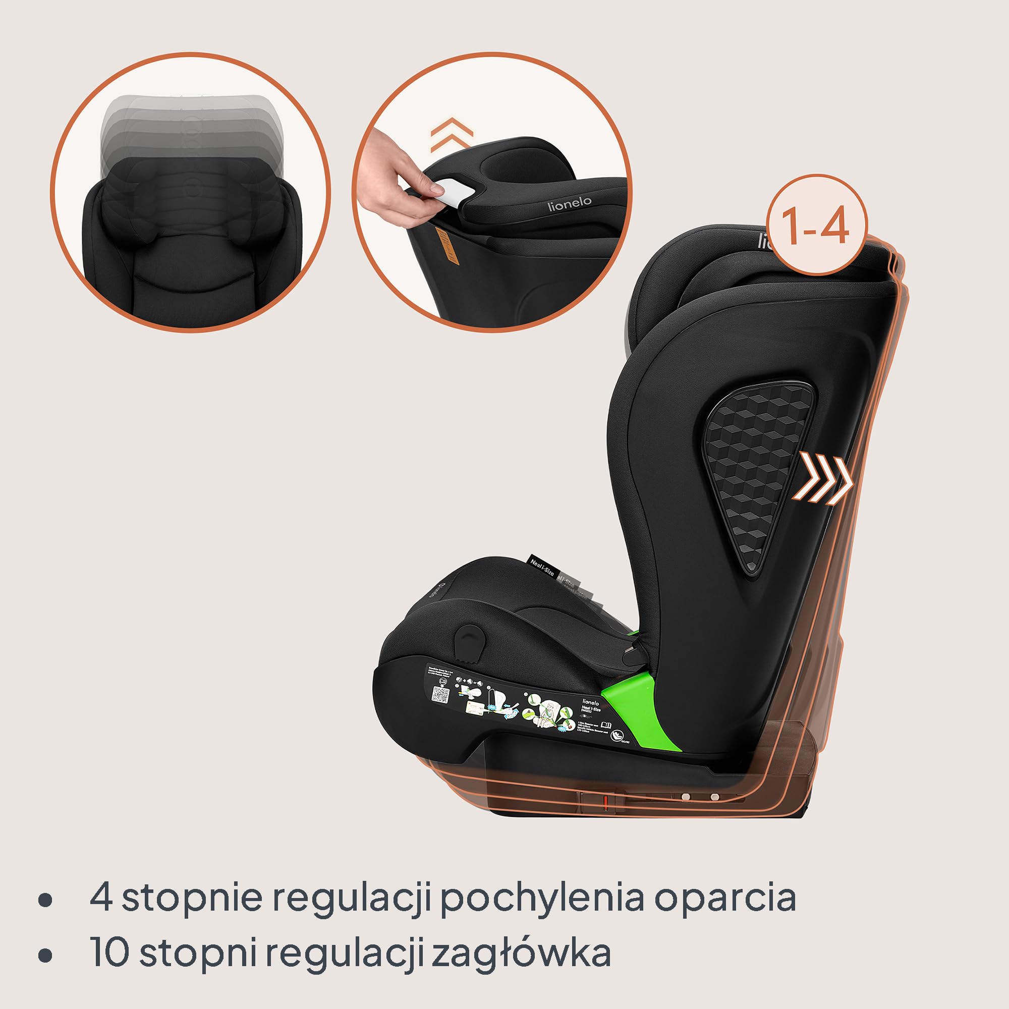 LIONELO NEAL I-SIZE fotelik dziecięcy, grupa 2 3, od 100 do 150 cm od ok. 3 do 12 lat, mocowanie ISOFIX lub bez pasków, regulowany zagłówek, ochrona boczna, podłokietniki standardowe R129