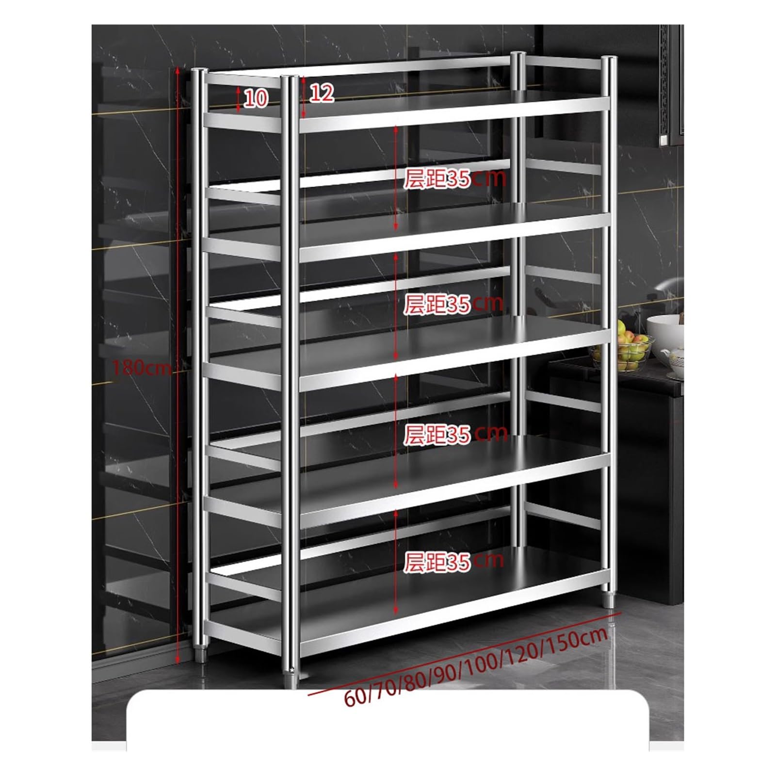 Scaffale da cucina in acciaio inox 304 a 5 ripiani, sottile, multifunzione, regolabile, per ufficio e sala libri (70 x 50 x 180 cm)