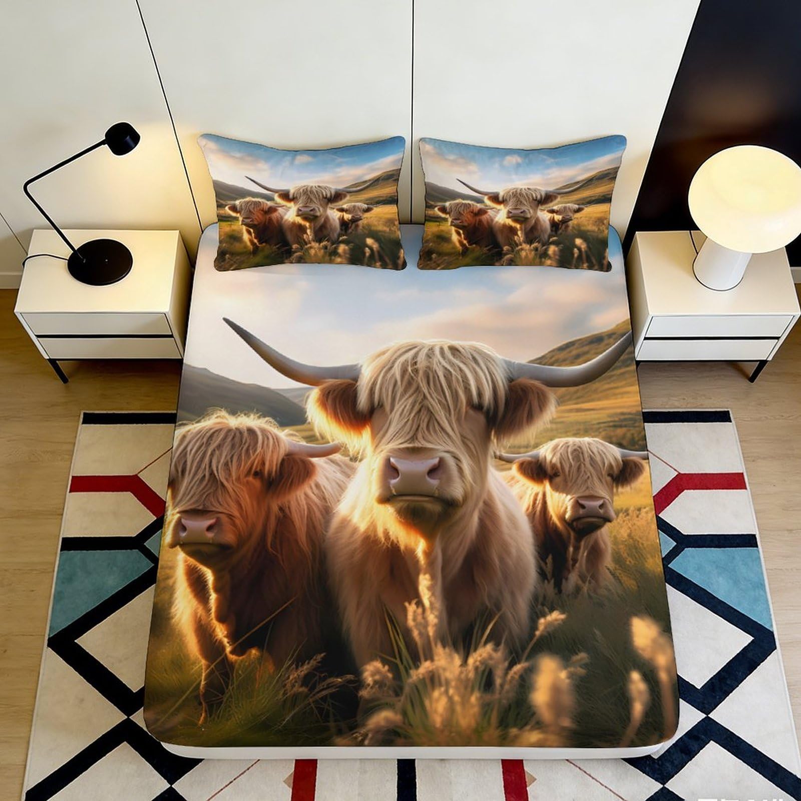 3D Printed Highland Cow Fitted Sheet Microfiber Soft Breathable Pastoral Meadow Bed Cover for Bedroom Decor Mattress Protection 90x200x25cm