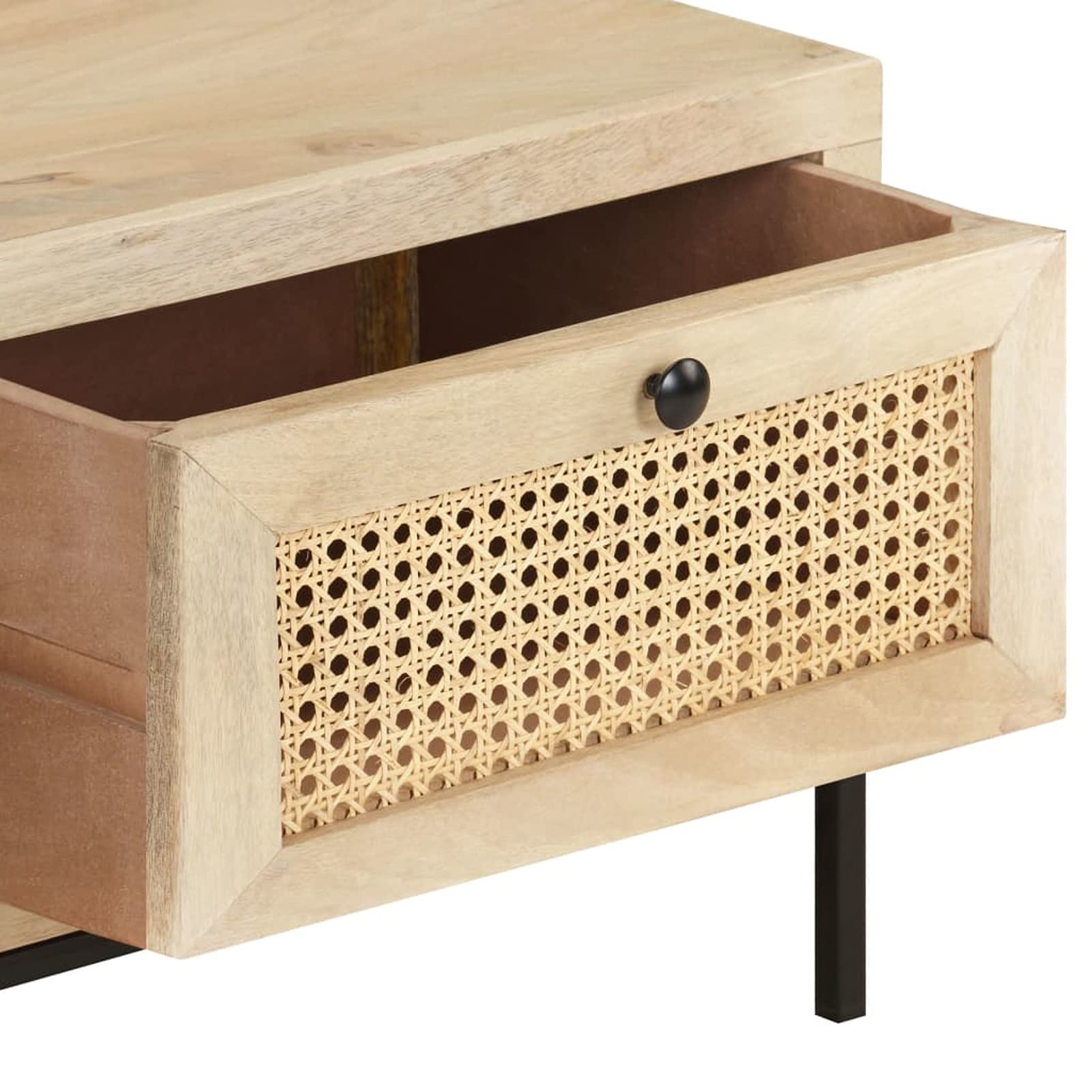 Homgoday Table basse 90 x 50 x 37 cm en bois de manguier massif et canne naturelle, table d'appoint pour salon, salle de réception d'invités, chambre à coucher et mobilier de bureau