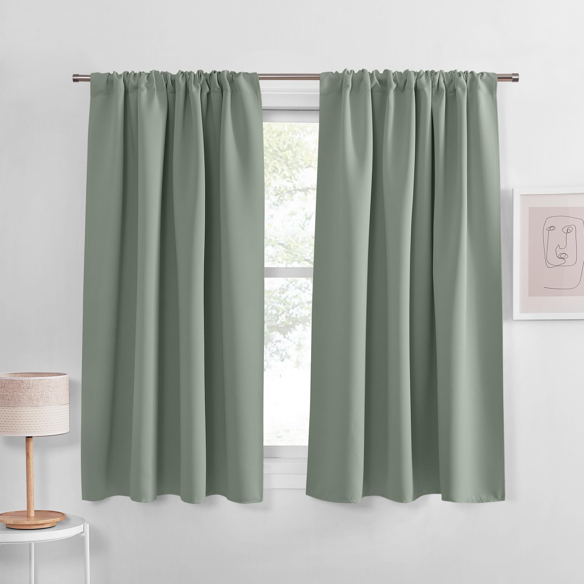 PONY DANCE Sage Green Black Out Curtains 54 inch Long, Blackout Window Curtain Room Darkening Rod Pocket Thermal Insulated Drapes Energy Saving for