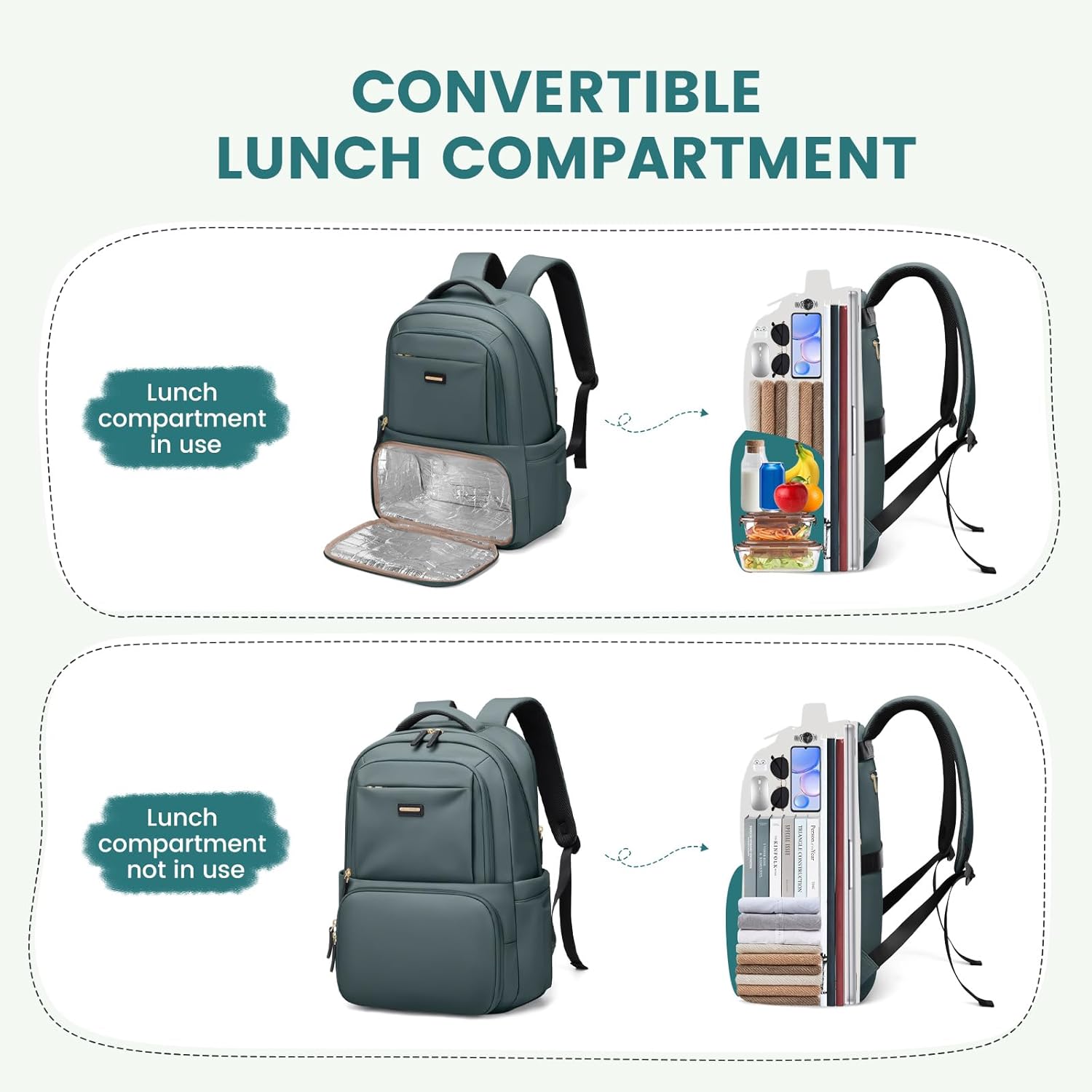 Lunch Backpack 16 Inch Laptop Backpack with Insulated Cooler Lunch Box Food Bag for College Work Camping Picnics (Atrovirens) - Image 3