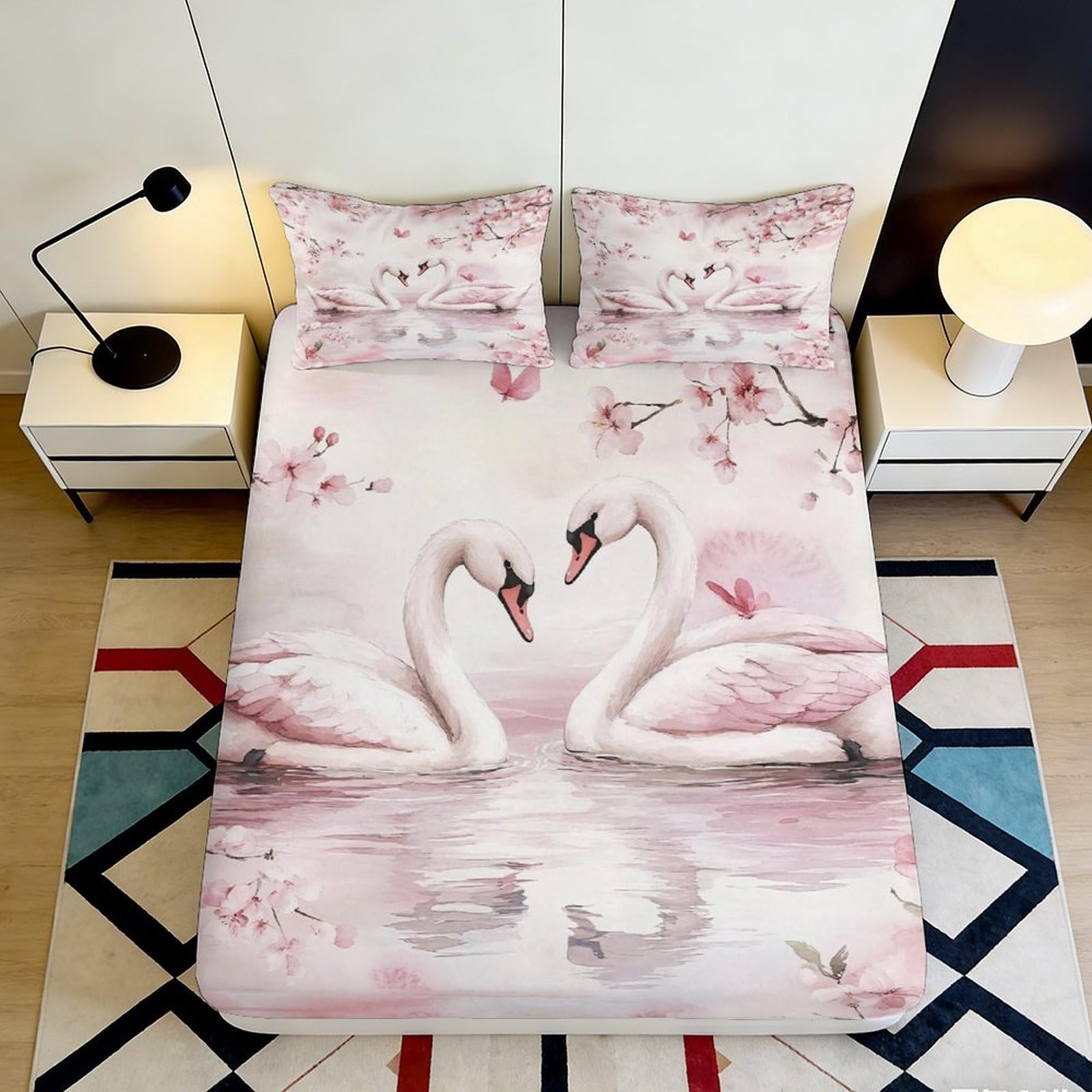 3D Printed Swan Lake Fitted Sheet Microfiber Soft Pink Cherry Blossom Bed Cover for Bedroom Guest Room Decor 90x200x25cm