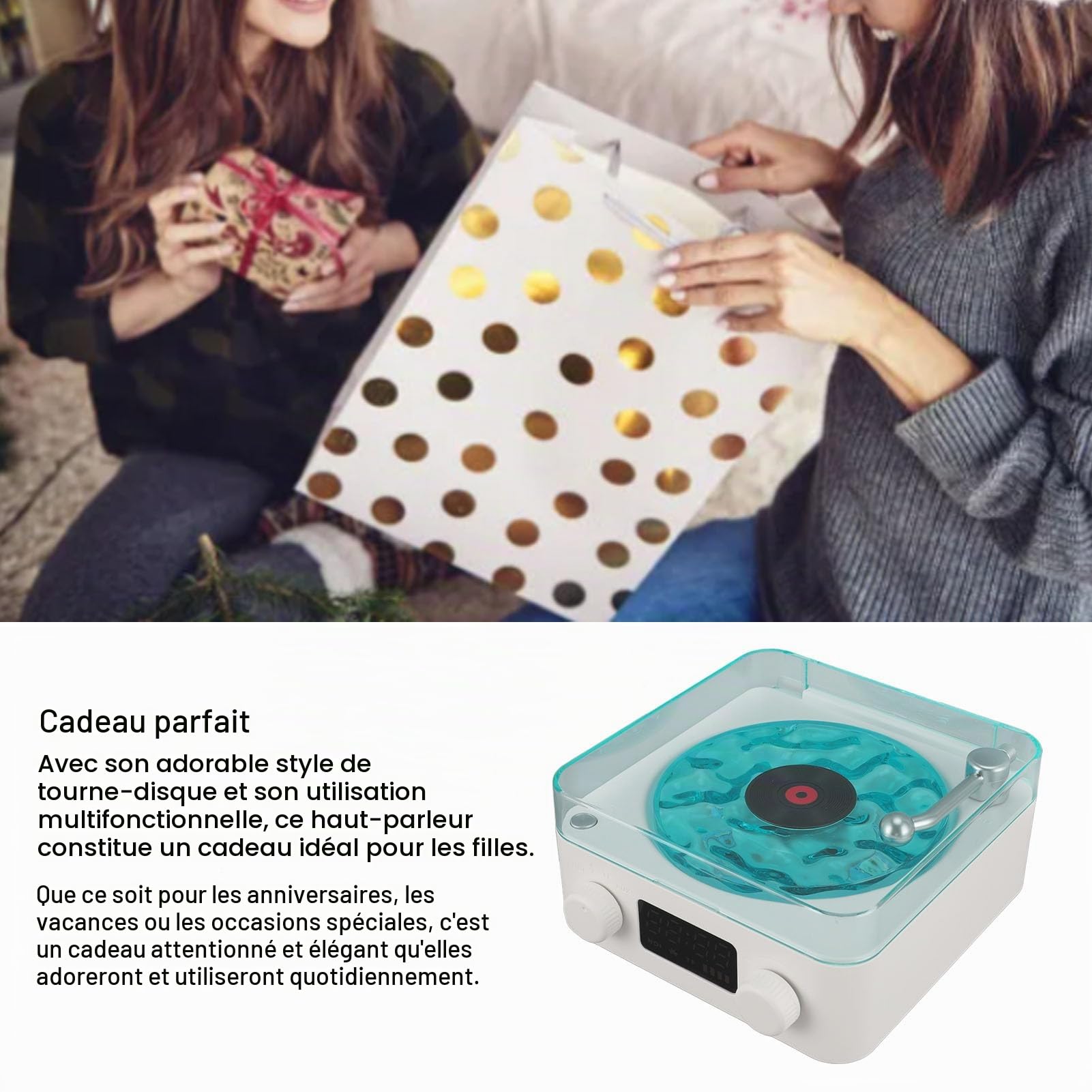Waves Haut,Parleur Bluetooth Vintage, Lecteur Stéréo Portable avec Veilleuse et Affichage de L'Heure pour Chambre Bureau Fête – 1500 mAh Batterie Intégrée