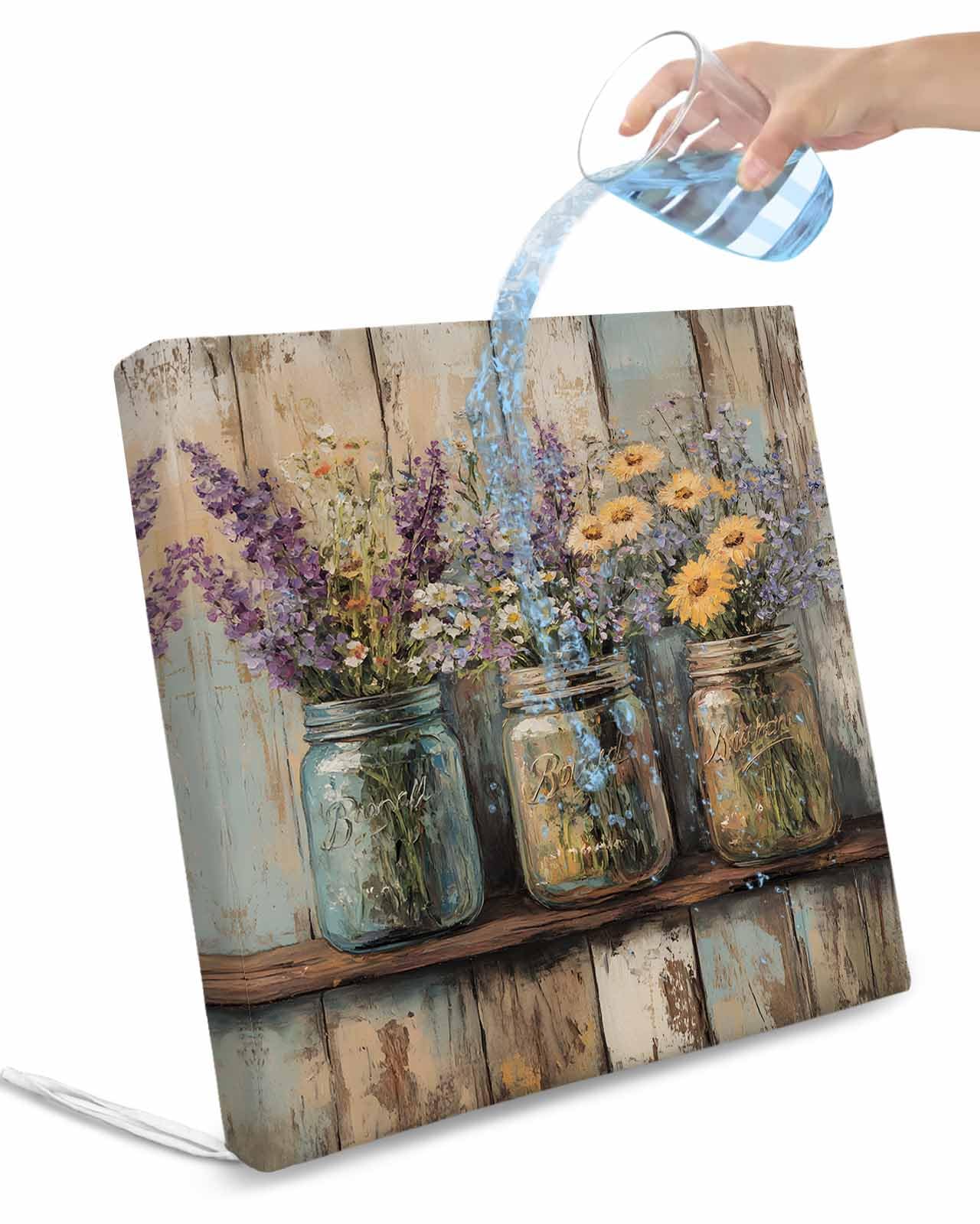 2 Pack Lavender Floral Waterproof Cushion Covers with Ties, Outdoor Patio Chaise Lounge Chair Seat Cushion Slip Covers Replacement(Only Cover) Bottle Daisy Flower Rustic Wood Grain 22