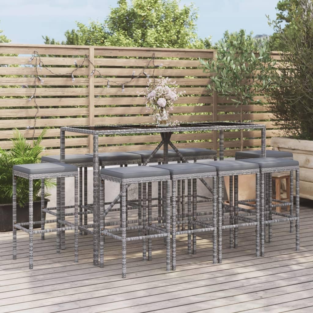 11 Piece Grey Poly Rattan Garden Bar Set with Cushions, Weather-Resistant PE Rattan Furniture and Tempered Glass Tabletop for Patio, Outdoor Dining Set with Comfortable