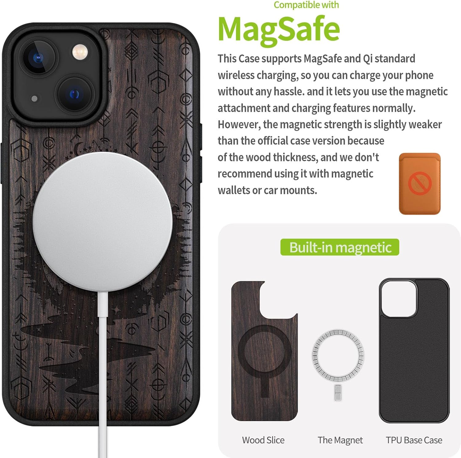 Carveit Magnetic Wood Case for iPhone 14 Case [Natural Wood & Black Soft TPU] Shockproof Protective Cover Unique Wooden Case Compatible with magsafe (Compass Adventure -Blackwood)