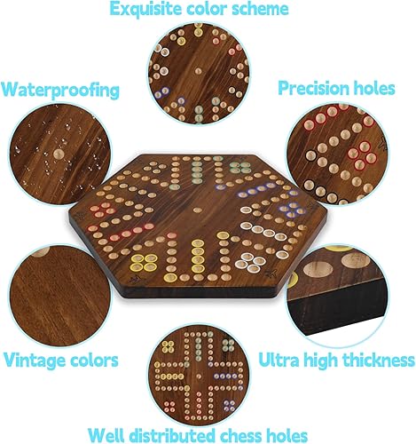 Miniatura 4 de Juego de mesa de madera de 20 pulgadas, juego de mesa original Wahoo para 6 y 4 jugadores con canicas y dados de color quemado, juego de mármol