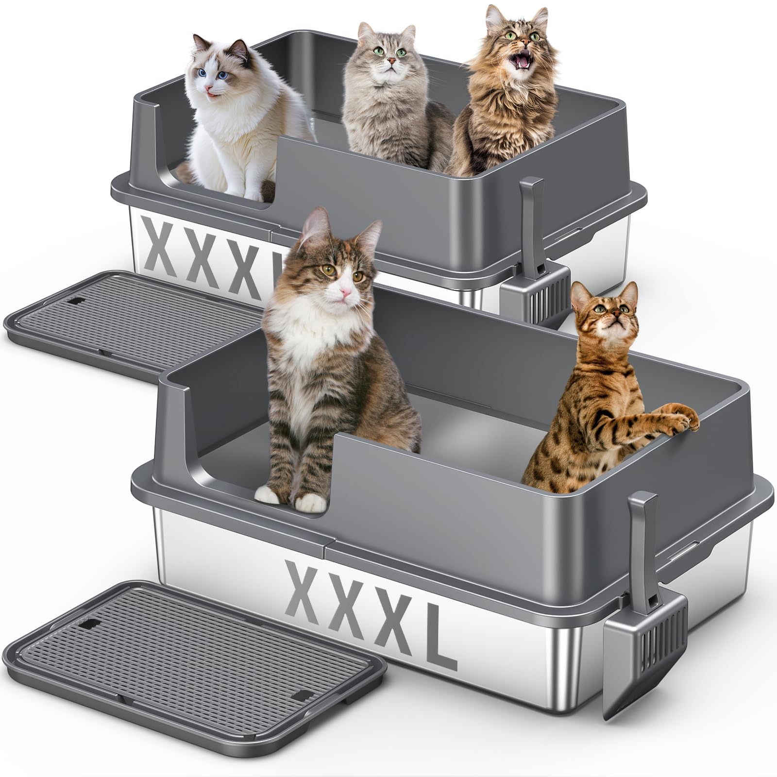 2PACK XXXL Stainless Steel Cat Litter Box with High Sides Lid, Large Litter Box for Big&Multiple Cats, Metal Kitty Litter Boxes with Footboard & Scoop, Anti-Leakage, Non-Sticky, 28.3×20.2×11.5inch