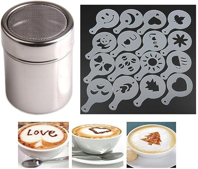 Chocolate Shaker Duster(Stainless Steel )+ 16pcs Cappuccino Coffee Stencils Template Duster Spray Art