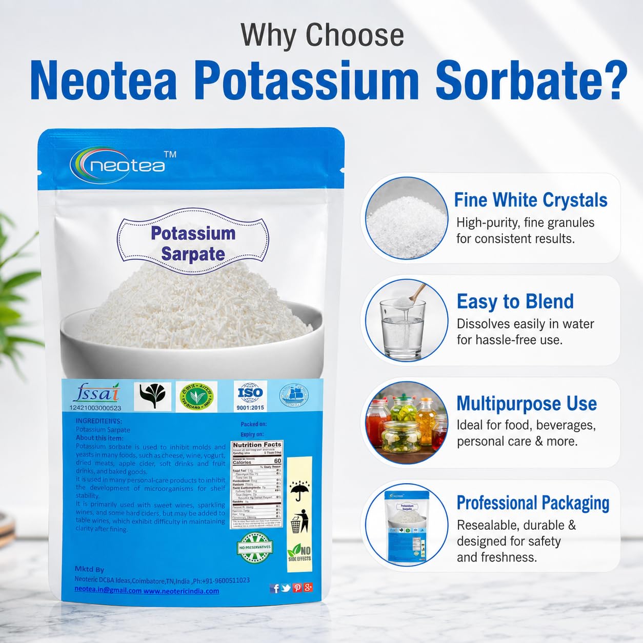Neotea Potassium Sorbate Food Grade Preservative Powder | Helps Maintain Freshness in Food & Beverage Preparations | Multipurpose Ingredient for Baking, Beverages, Sauces & Homemade Recipes | 100% Pure | Resealable Pack 250 Gm — Amazon image 7