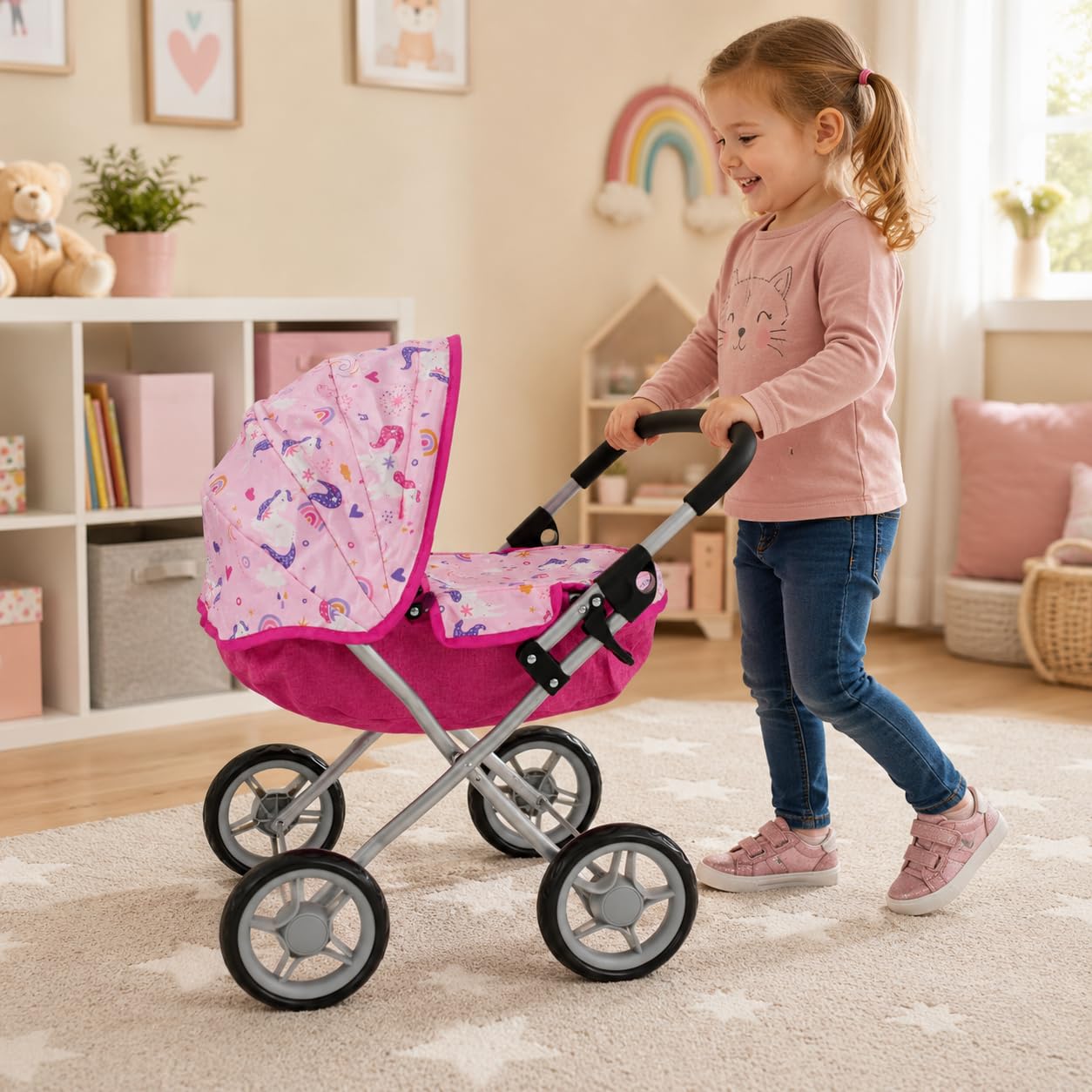 Bayer Chic 2000 - Passeggino per bambole Lilli, piccolo passeggino per le bambole più giovani, unicorno, rosa, 550-75