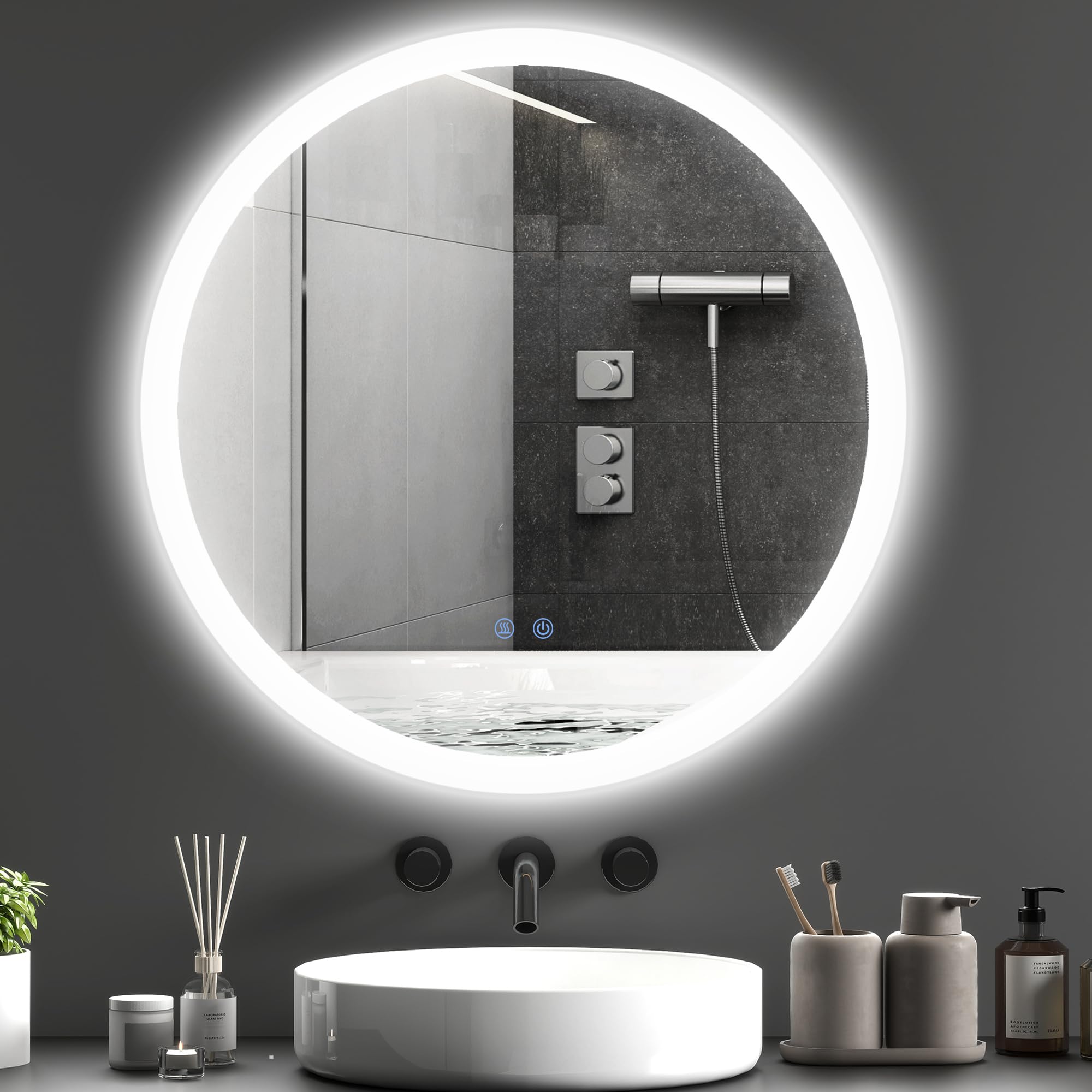 Kleankin Badspiegel mit Beleuchtung Ø70 cm – runder LED-Wandspiegel mit Touchschalter, Memory-Funktion und Entnebelung