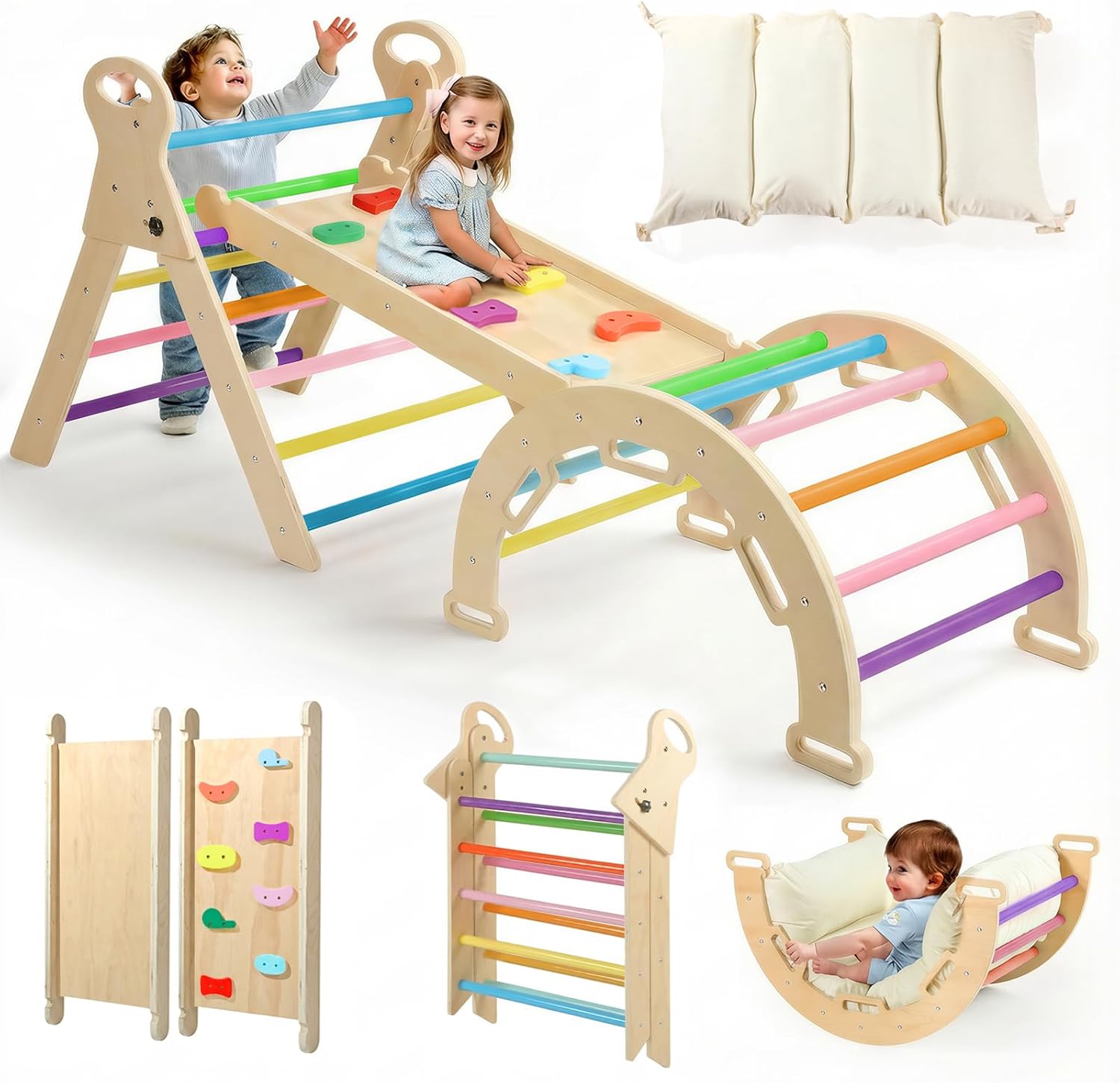 Pikler Triangle Set with Cushion, 7-in-1 Foldable Toddler Climbing Toys Indoor, Toddler Jungle Gym Indoor with Ramp, Arch and Ladder, Montessori Climbing Set, Climbing Toys for 1-6, Rainbow Multicolored