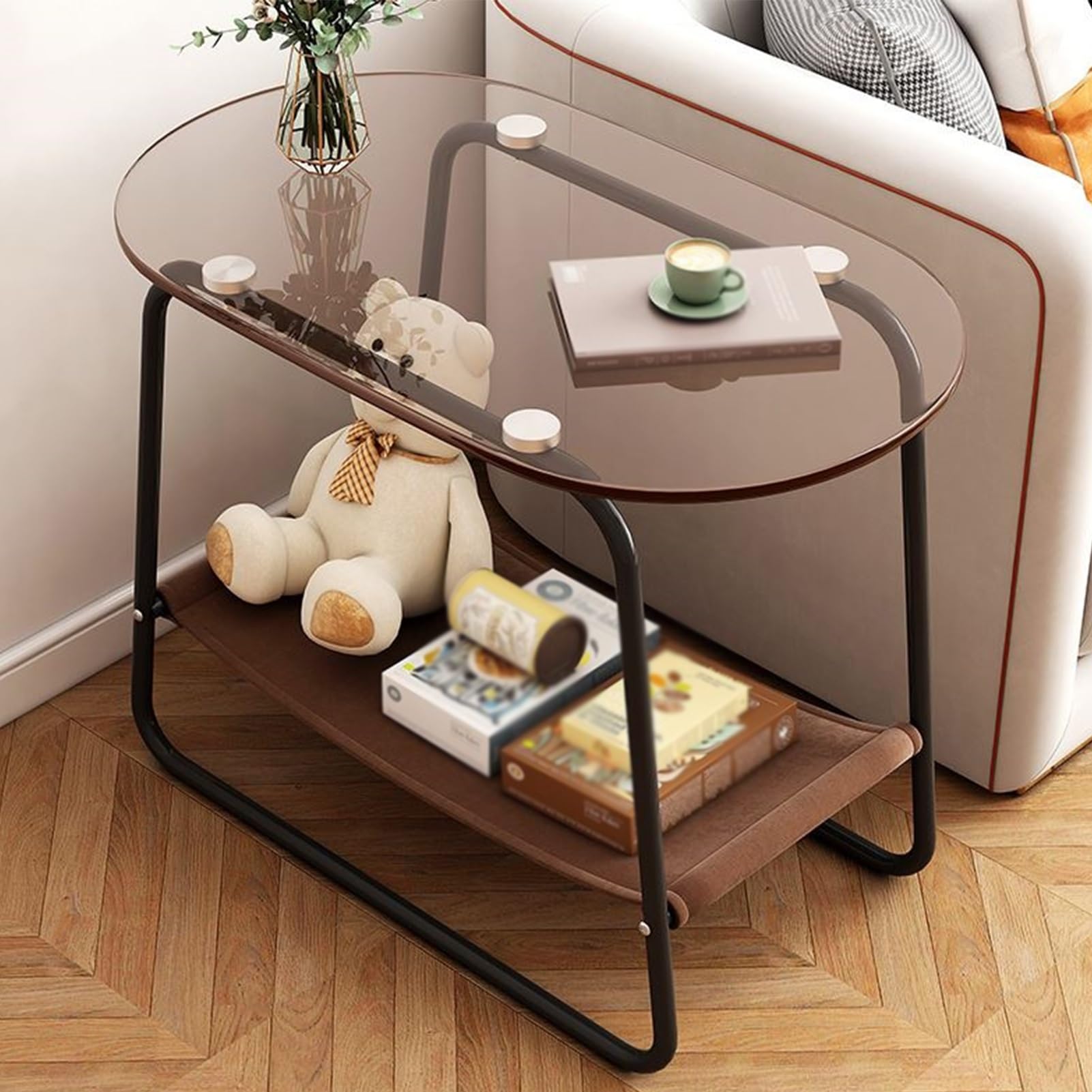 Table basse verre trempé anti-encombrement avec double rangement stable