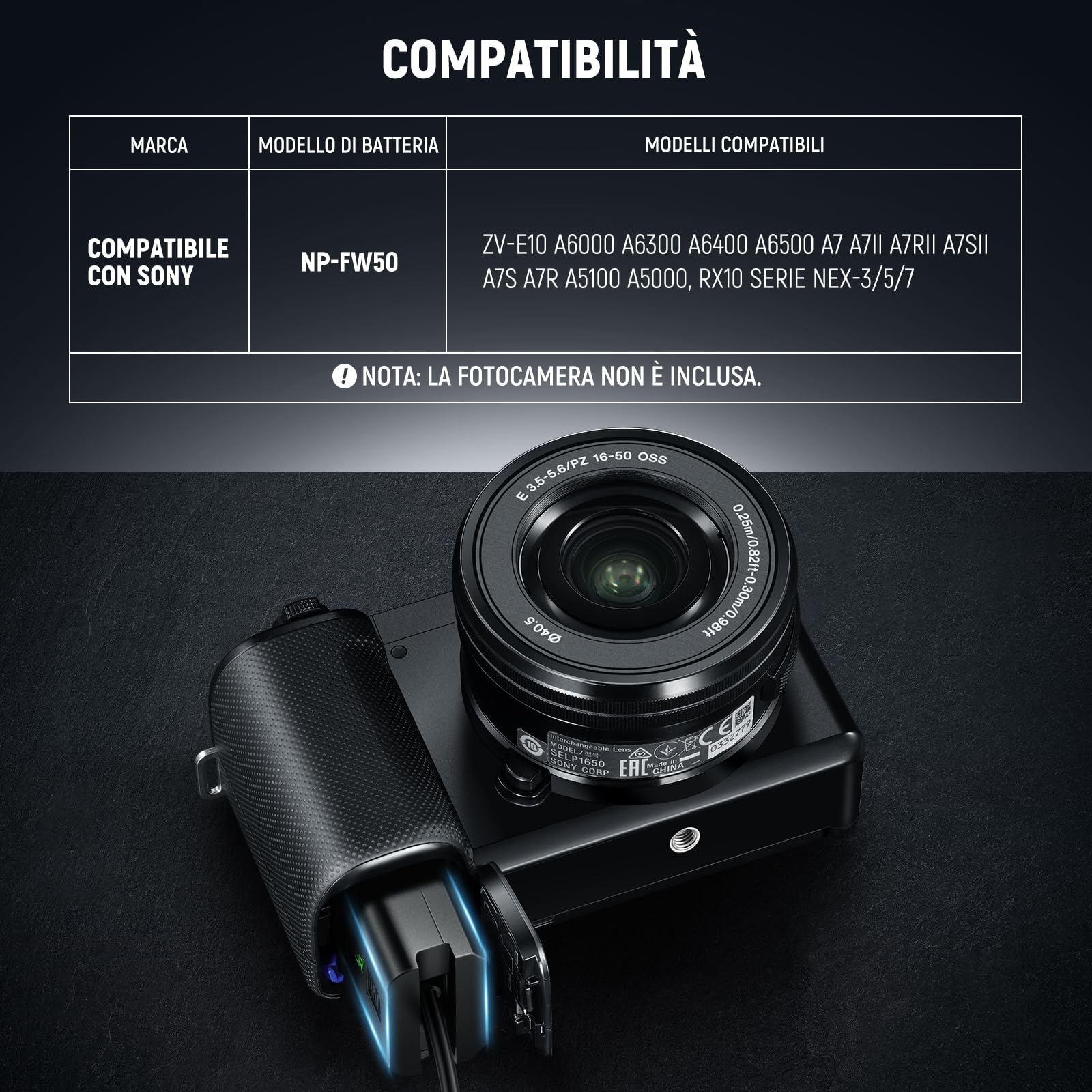 NEEWER D Tap a NP-FW50 Batteria Fittizia, Cavo per Batteria con Attacco a V, Alimentazione Continua Stabile per Sony ZV-E10 A3000 A5000 A5100 A6000 A6100 A6300 A6400 A6500 A7 II A7R II A7S II, VP-FW50