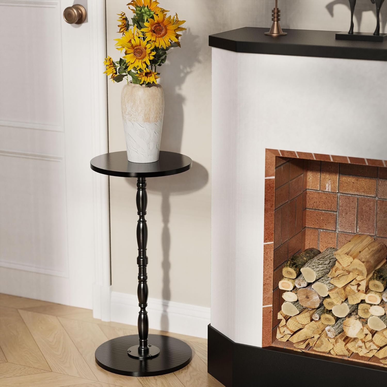 Wood Drink Table, Round Side Table for Small Spaces, Pedestal End Table Modern Accent Nightstand for Living Room, Bedroom, Office, Sofa Corners, Black