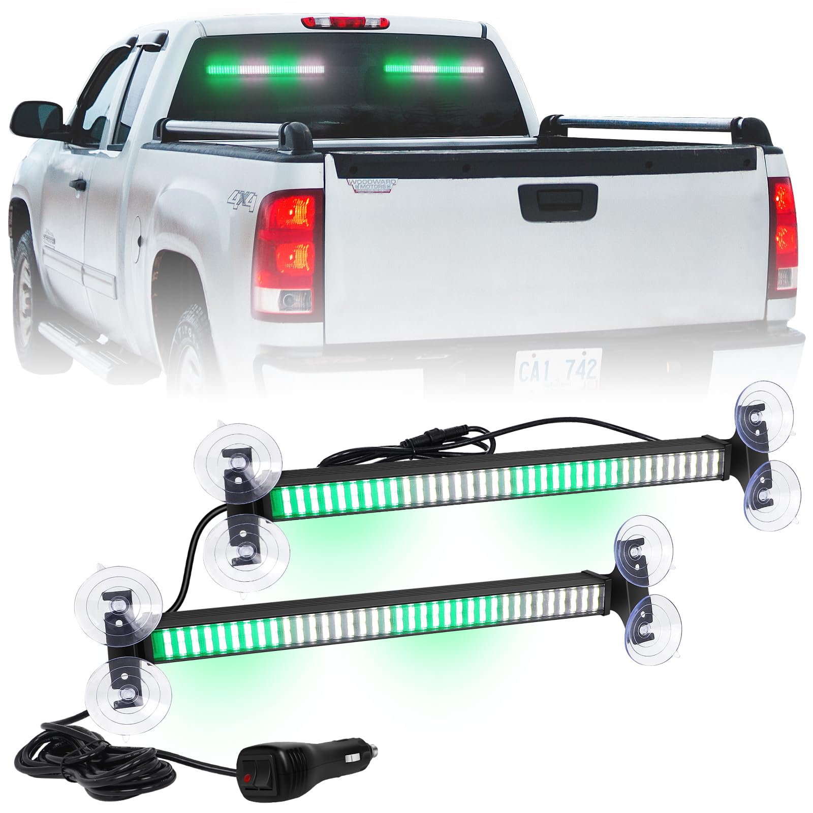 XRIDONSEN 2 in 1 Green White Emergency Strobe Traffic Advisor Light Bar 144 LED Warning Safety Interior Dash Windshield Lights Deck Split Mount for Volunteer Firefighter Vehicles Trucks (2x17.7 inch)