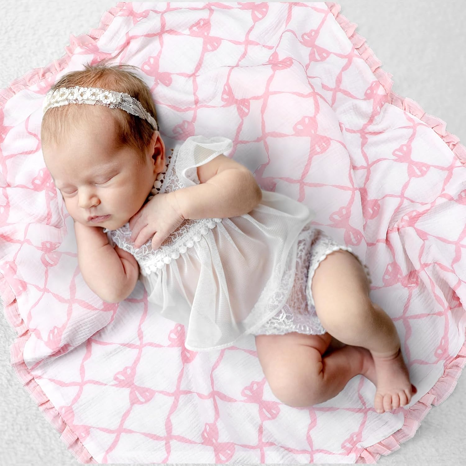 Oudain Pink Bow Flounce Muslin Baby Blankets, Lace Cotton Crib Blanket for Baby Infant Toddler, Soft and Lightweight Nursery Blankets 40"x35" - Image 5