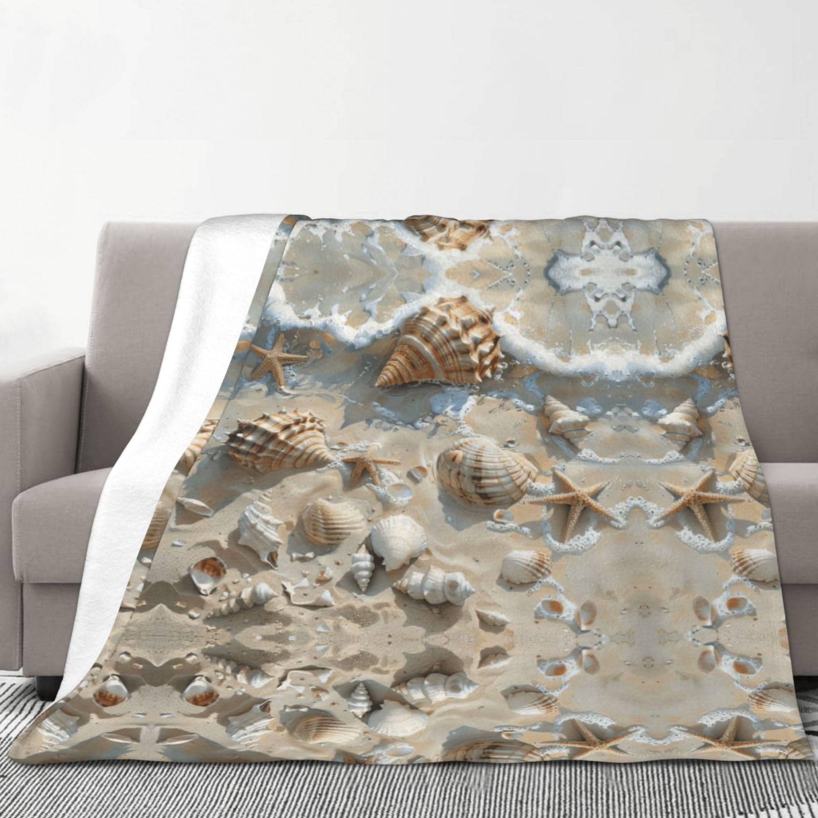 Gemütliche Flanelldecke, 178 x 203 cm, Muschel-Sanddruck, Überwurf für Sofa, Bett und Camping, weiche Winterdecke für ultimativen Komfort und Wärme