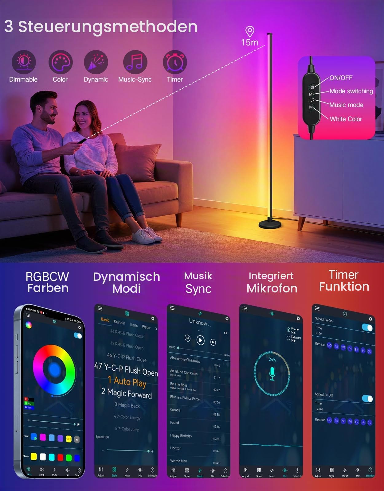 OUTON LED Stehlampe 2pack, Dimmbar, Fernbedienung und APP-Steuerung | Musik-Sync, RGBCW-Licht, 16 Millionen Farben, höhenverstellbar, für Wohnzimmer, Schlafzimmer