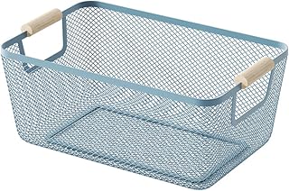 AJIODA Metal Mesh Steel Basket, Small Wire Storage Organizer Baskets Multi-function Hanging Kitchen Basket with Wood Handle for Kitchen Bathroom Picnic Home, Rectangle-Blue